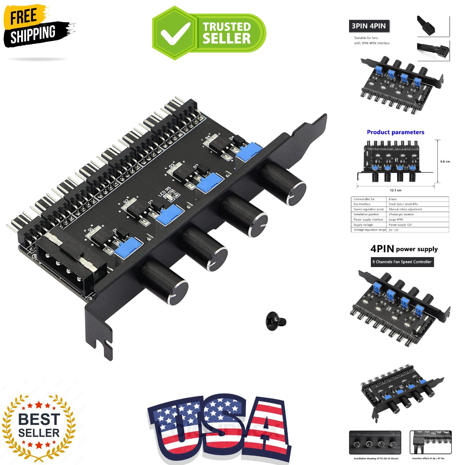 4 Knob Cooling Fan Speed Controller PC 8 Channels 12V Fan Hub for CPU Case HD...