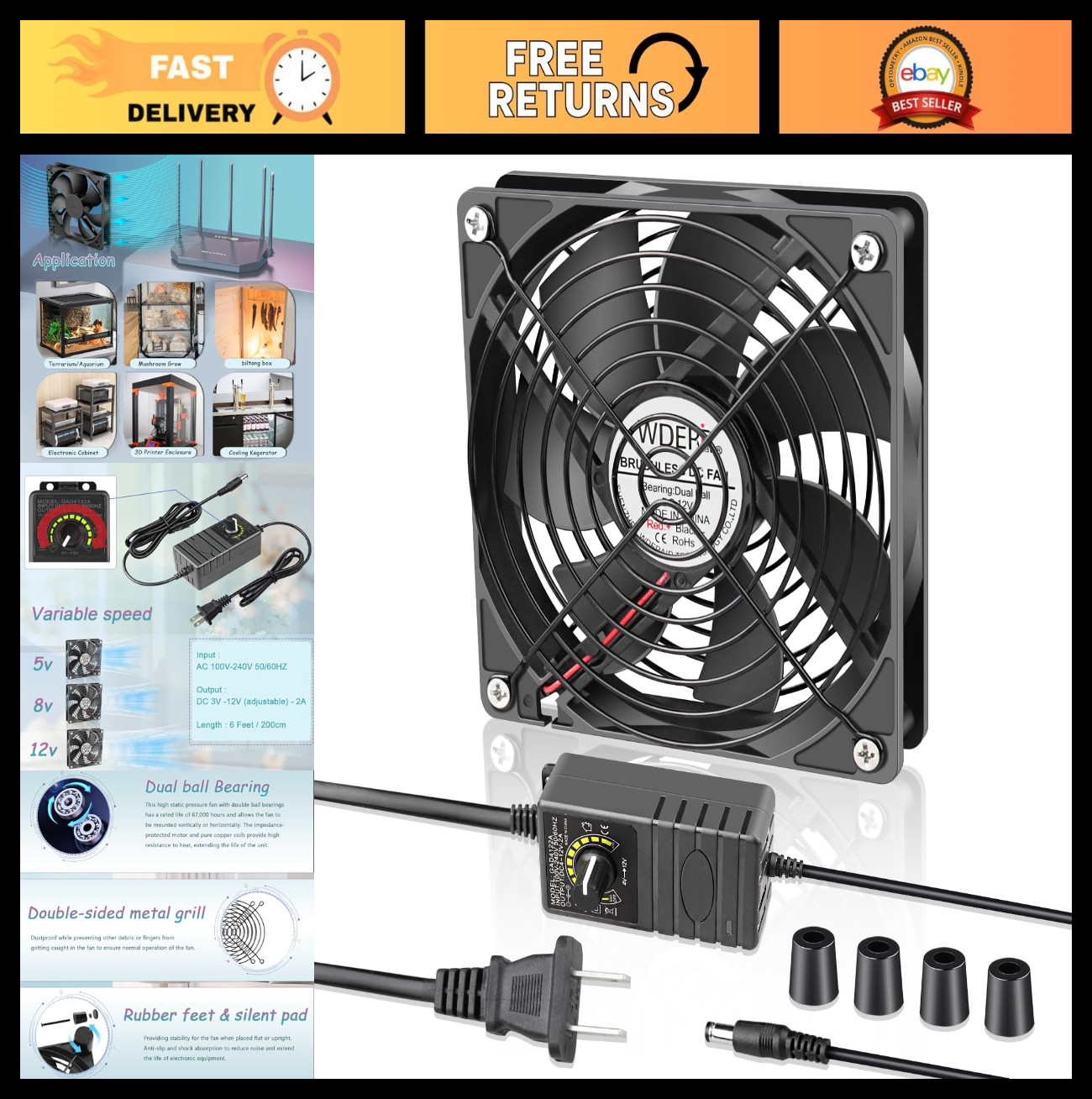 120mm AC to DC 12V Computer Fan, Variable Speed for PS, Router, Xbox, Cooling