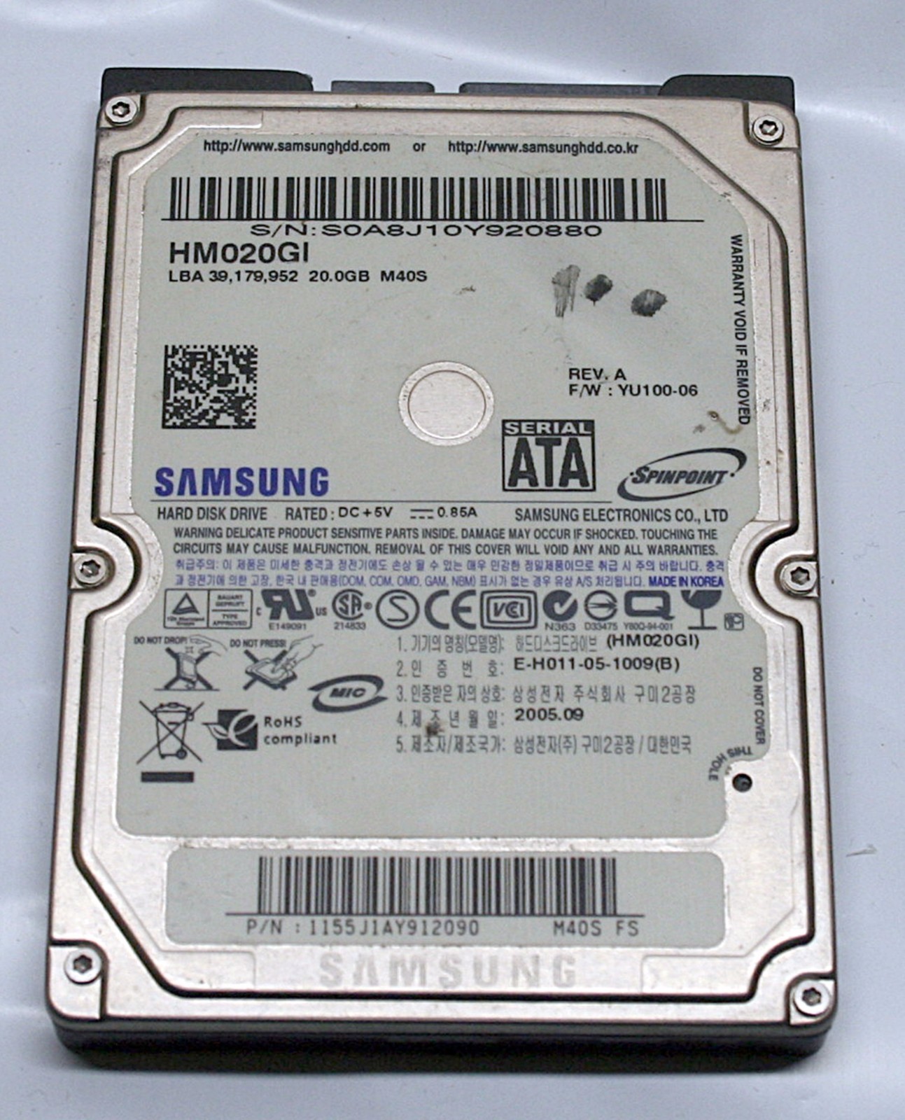 SAMSUNG HM020GI 20GB SATA  LAPTOP HARD DRIVE - 1155J1AY912090