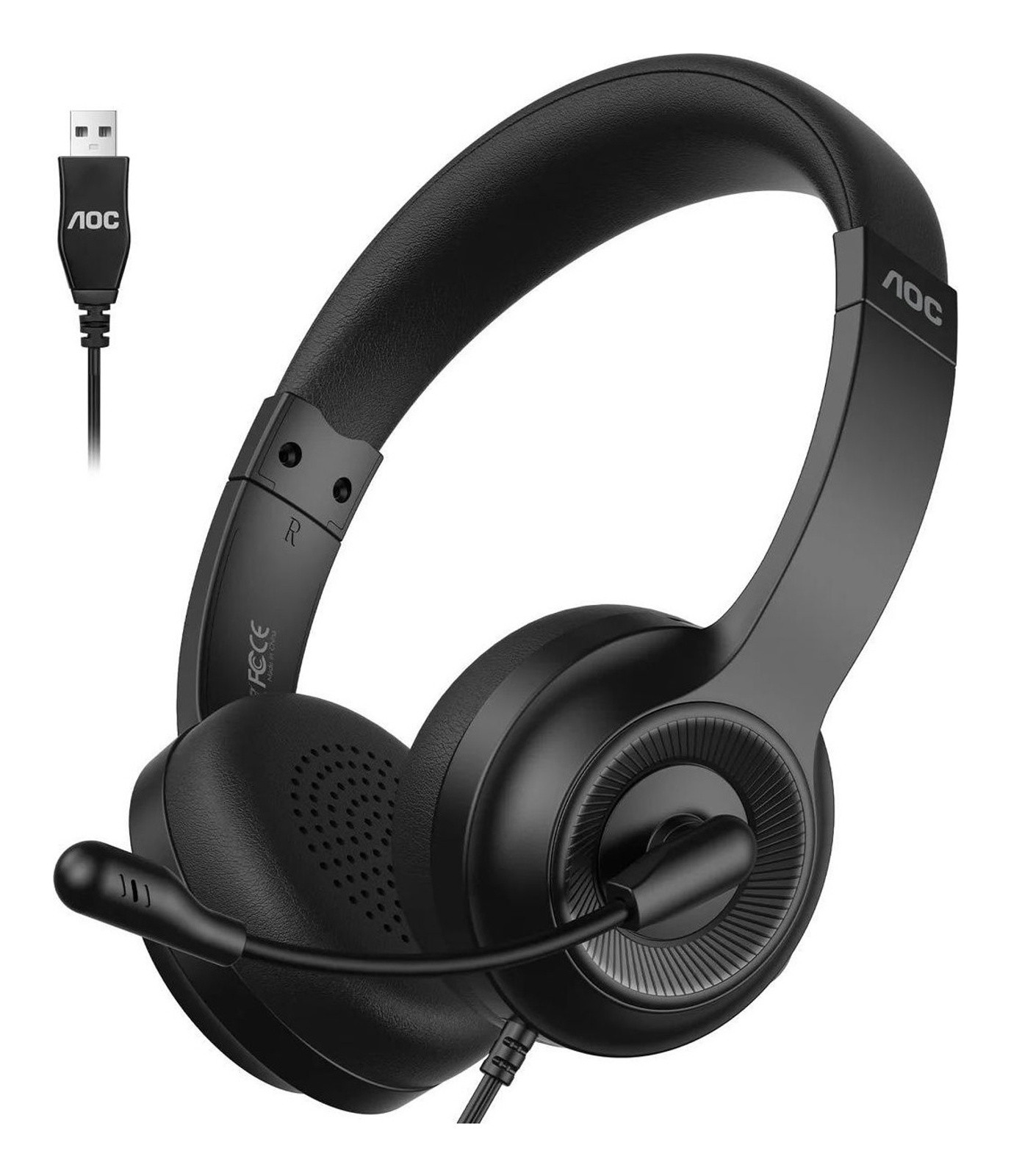 AOC USB Wired Headset Noise Cancelling Rotating Microphone Black PC Mac