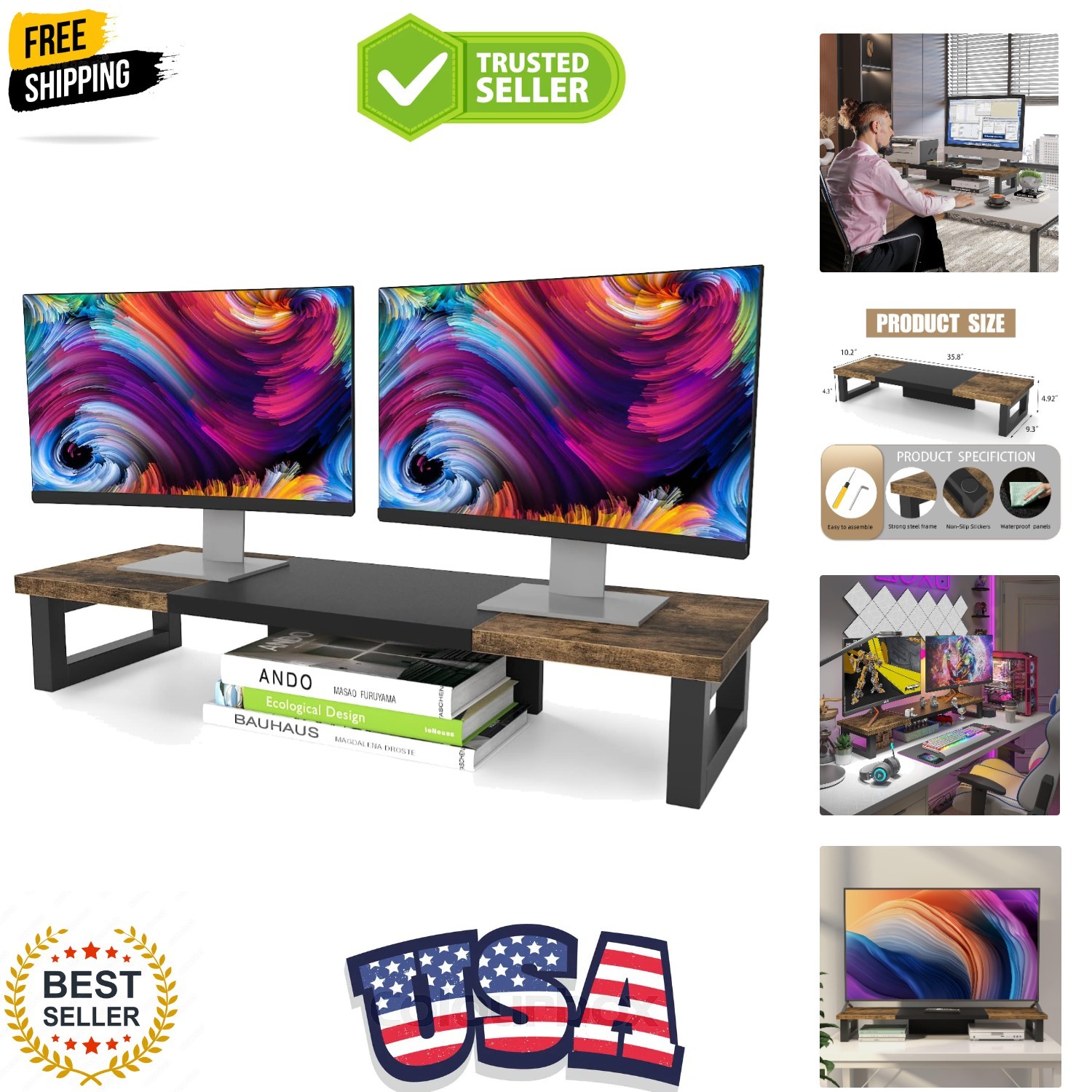 Dual Monitor Stand Riser, Wood and Steel Multi-Purpose Desktop Storage Stand ...