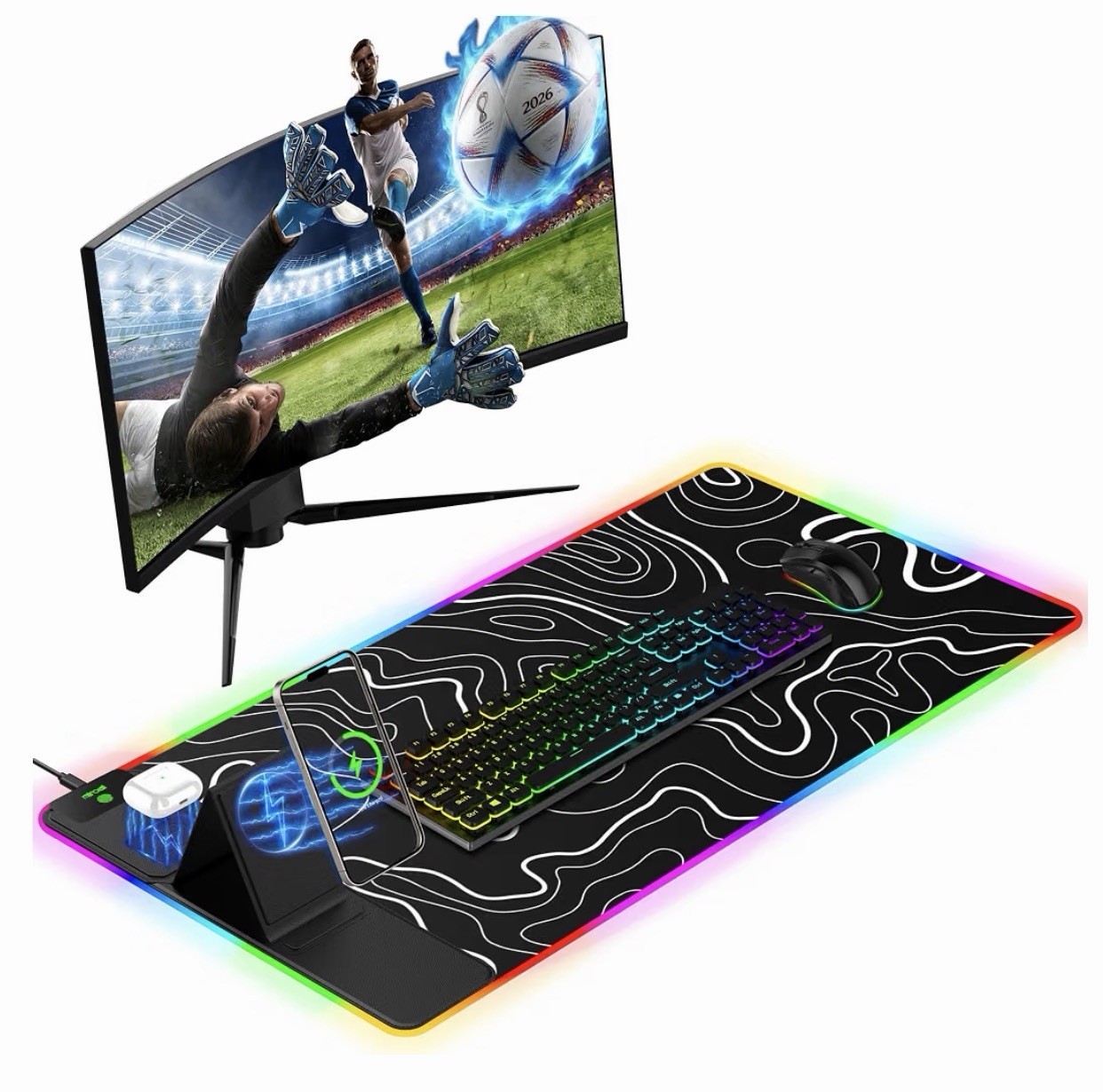 Mouse Pad with Wireless Charger Foldable Phone Holder, XXL RGB Gaming Mousepa...