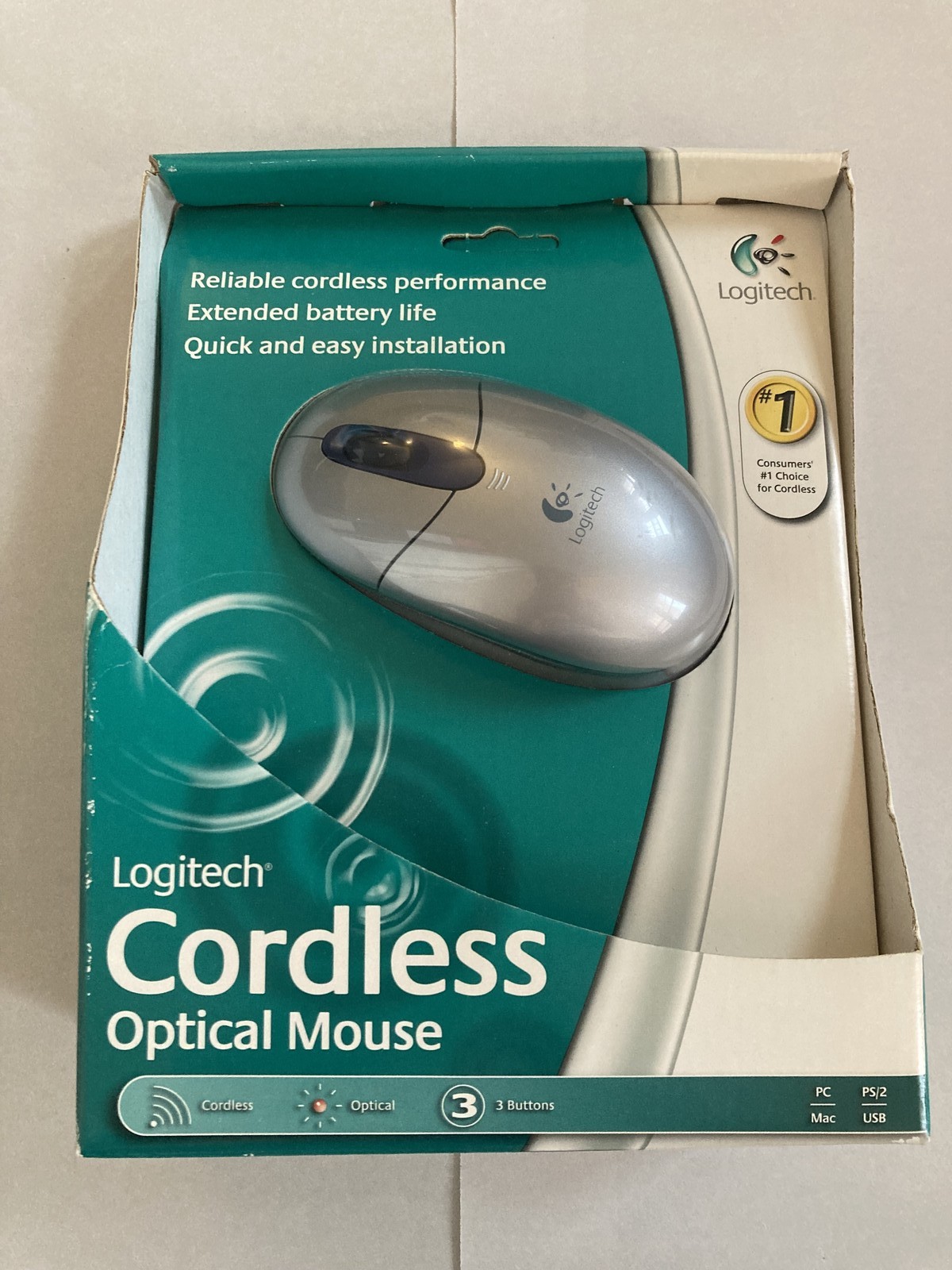 Logitech Cordless Optical Mouse Silver USB PS/2 3 Button PC Mac Wireless New
