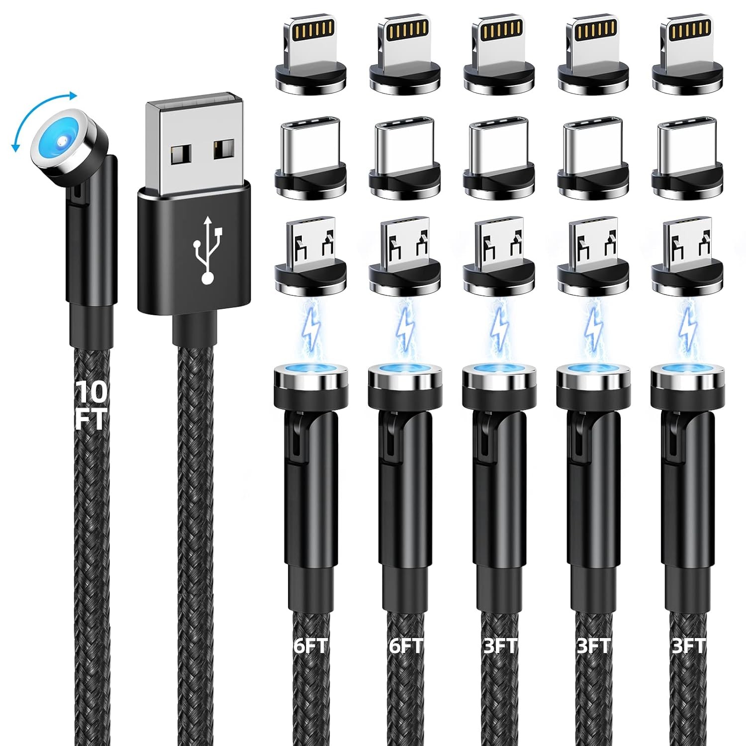 Magnetic Charging Cable, 540° Rotating Magnetic Phone Charger [6-Pack, 3ft/3ft/3