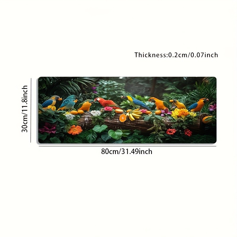 A Large Gaming Mouse Pad Featuring a Colorful Parrot And Floral Art Design, wi