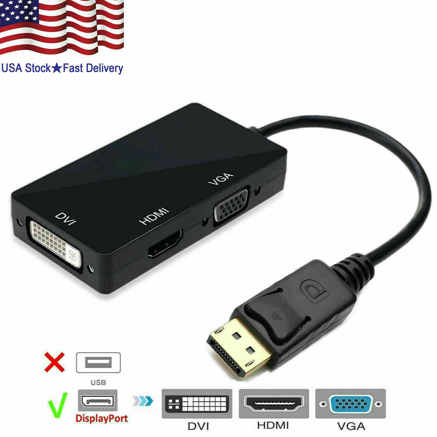 10 X 3 In 1 Display Port DP Male To HDMI/DVI/VGA Female Adapter Converter 1080P