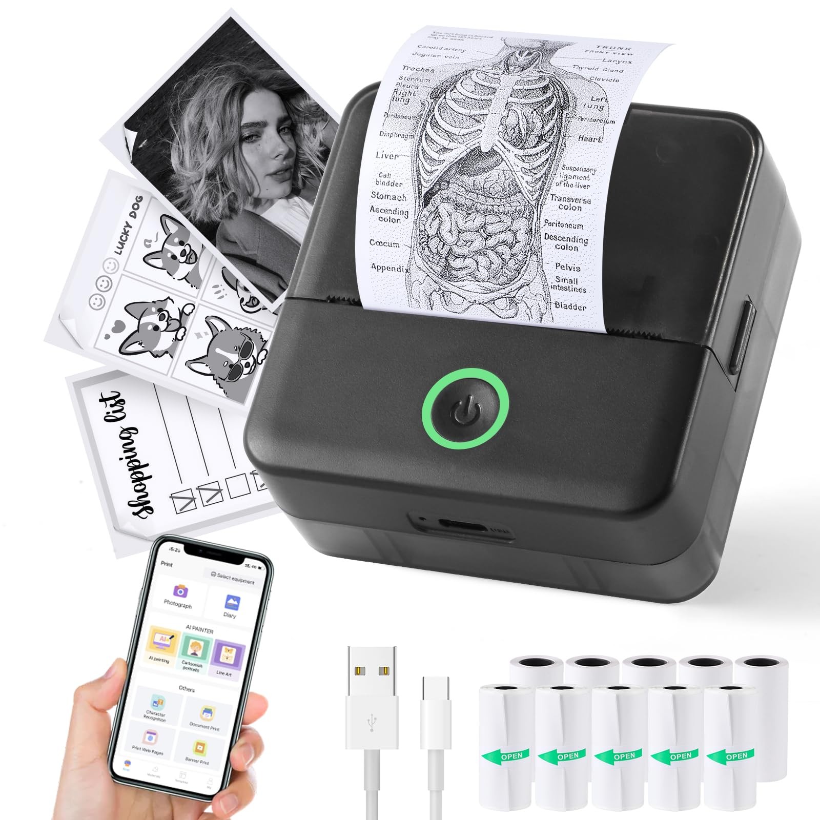 Mini Sticker Printer, X6 Print Pod with 10 Rolls Thermal Paper