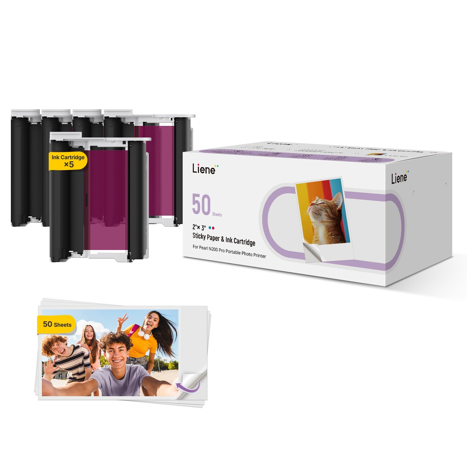 Pearl N200 Pro Portable Photo Printer Photo Paper 50 Sheets & 5 Cartridges, P...