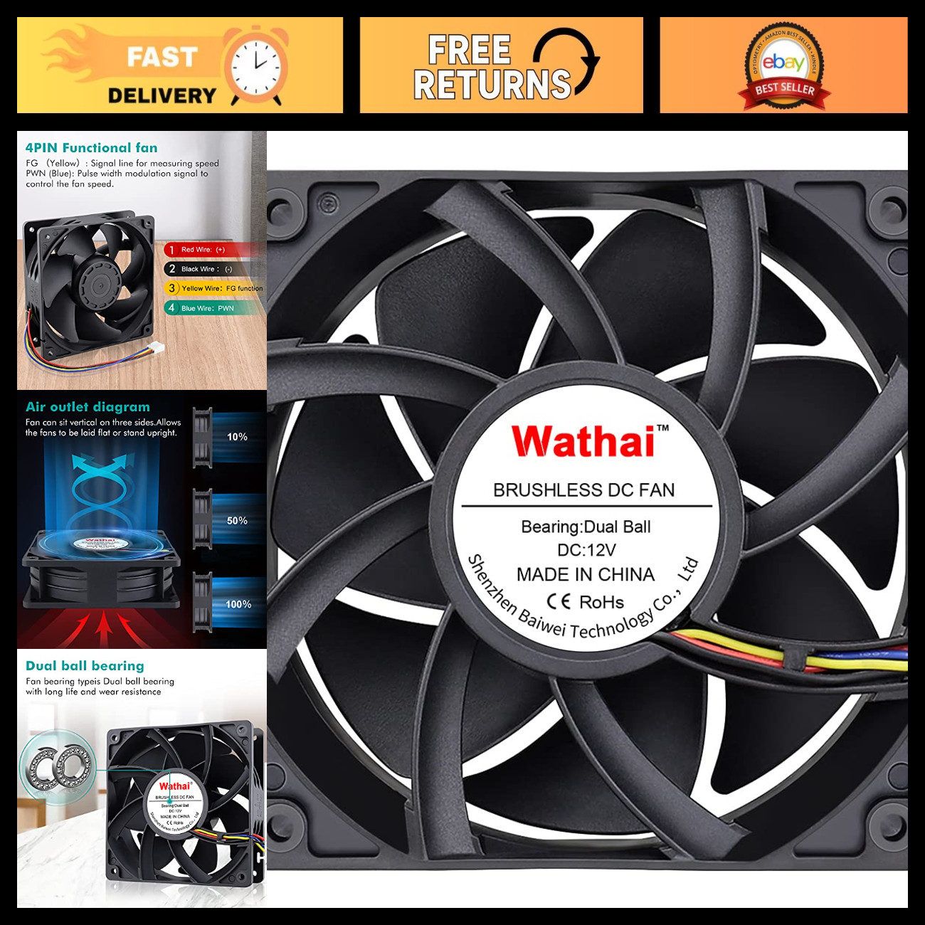 High-Performance 120mm PWM PC Case Fan 12V 4-Pin, 5300 RPM, 230 CFM Cooling