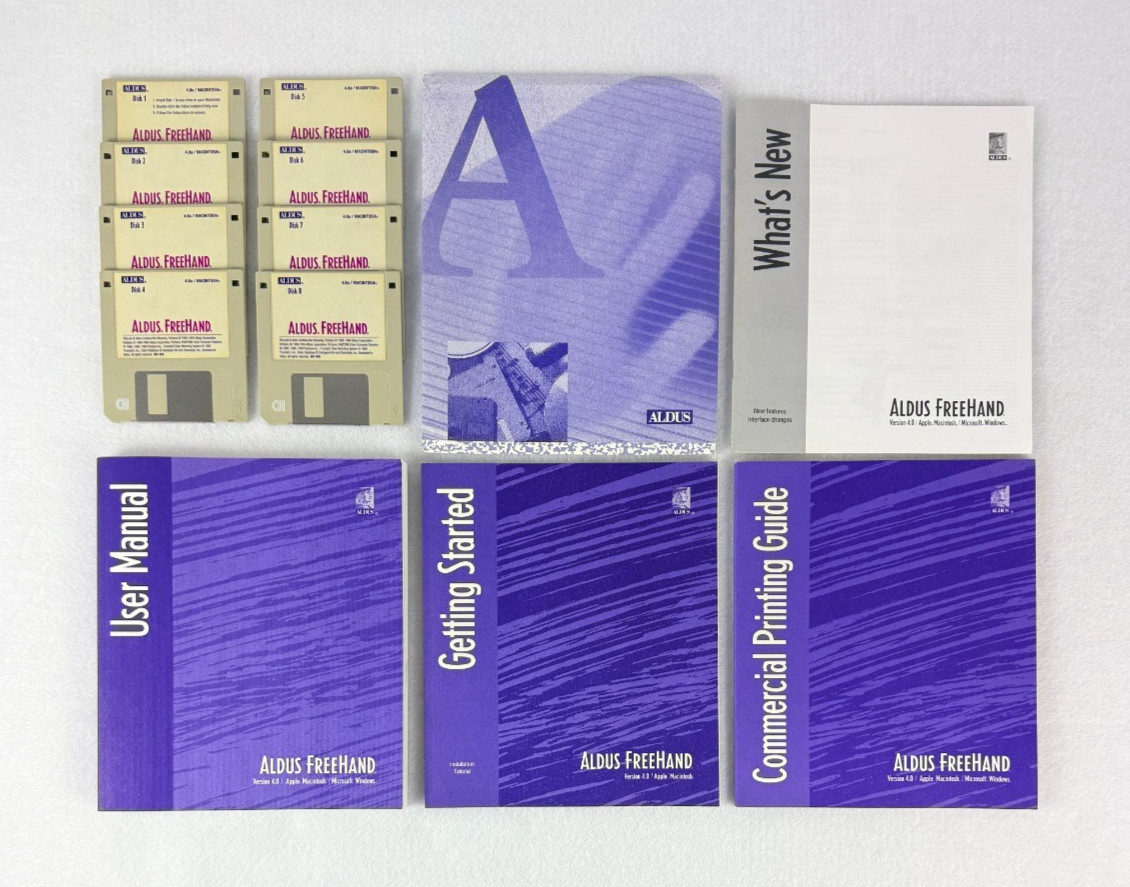 Aldus FreeHand 4.0a Macintosh Vintage Software Complete 8 Disk Set w/ Manuals