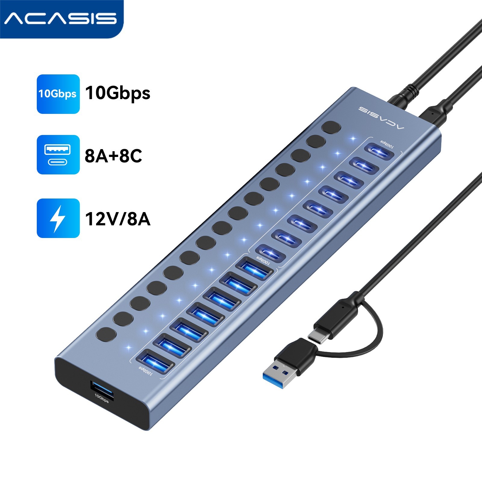 ACASIS 16-Port USB 3.2 Hub 10Gbps Powered 8 USB-C 8 USB-A Adapter