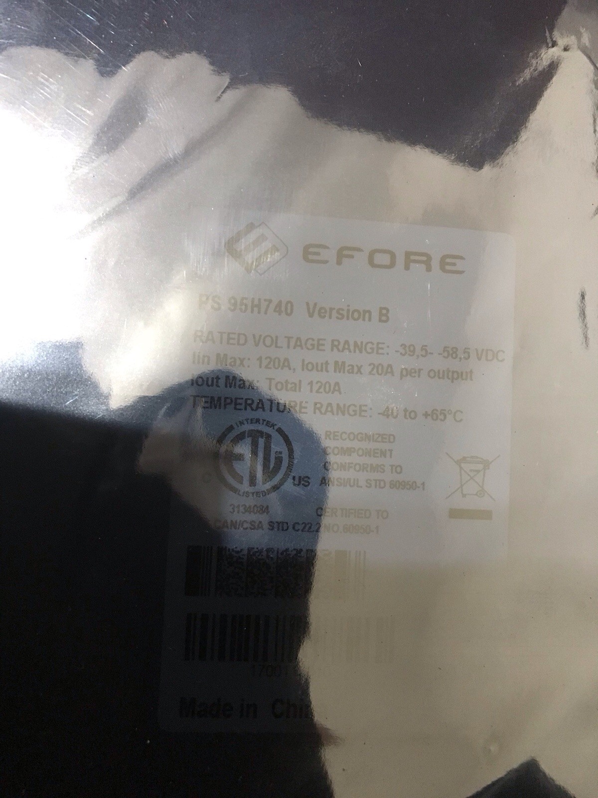 Efore PS 95H740 Version B Power Module -39.5 to -58.5VDC 120A Rack Mount