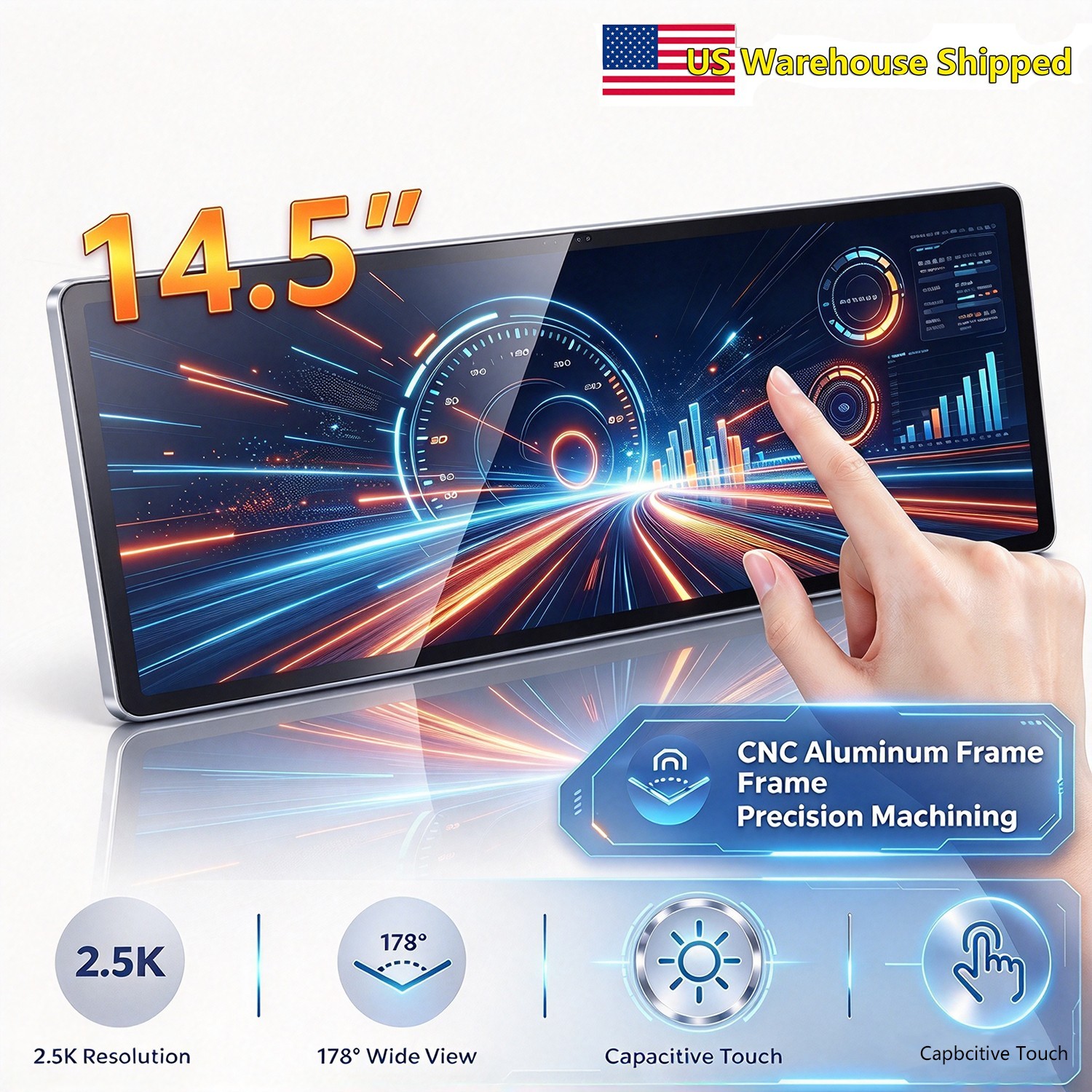 14.5 Inch Ultra-Wide IPS Touch Screen 2560×720 CNC Aluminum AIDA64 PC Case Monit