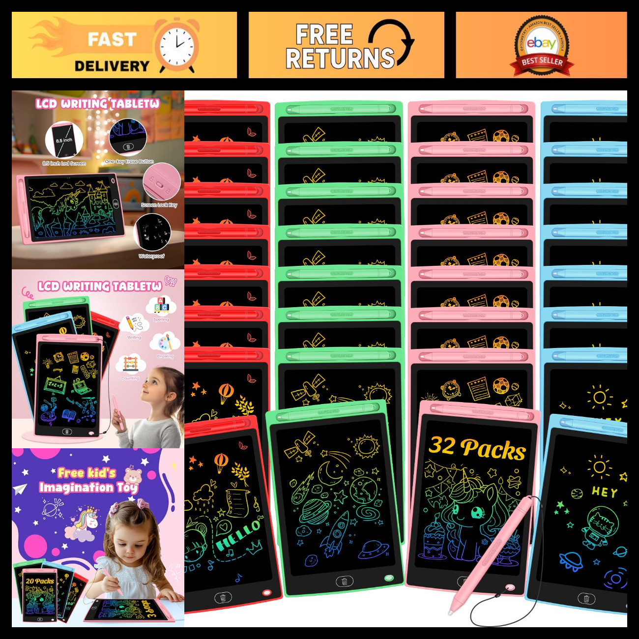 32 Pack LCD Writing Tablets - Erasable Doodle Boards 8.5" for Kids Ages 3-8, Lea