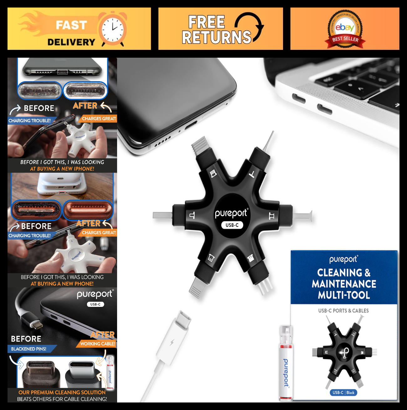 USB-C Multi-Tool Kit for Cleaning & Repairing Phone, Tablet, PC Ports - Black