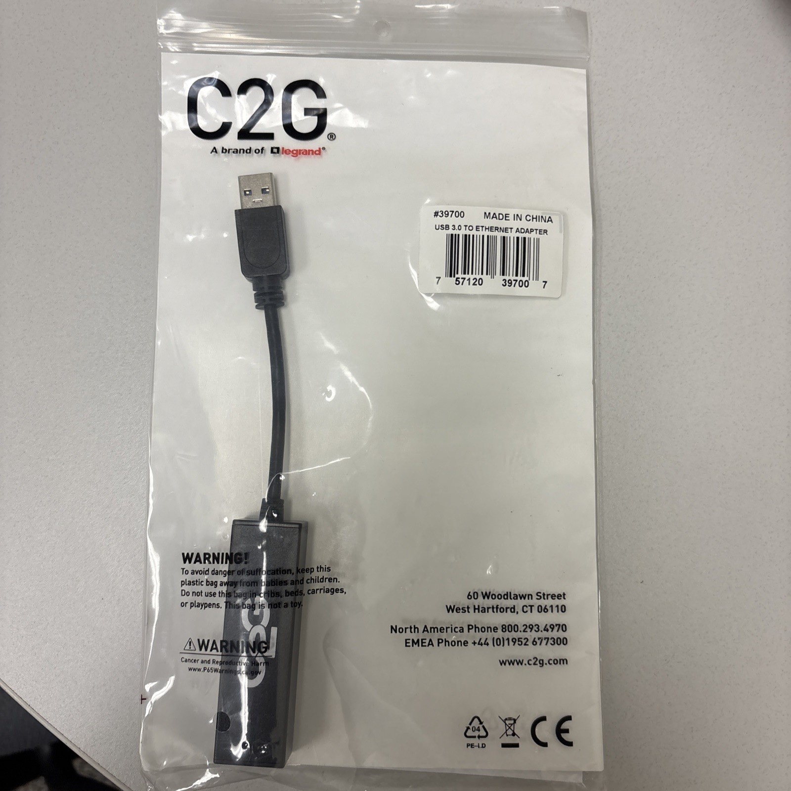 C2G 39700 USB-A 3.0 to Gigabit RJ45 Ethernet Connector Adapter CAT5 With CD