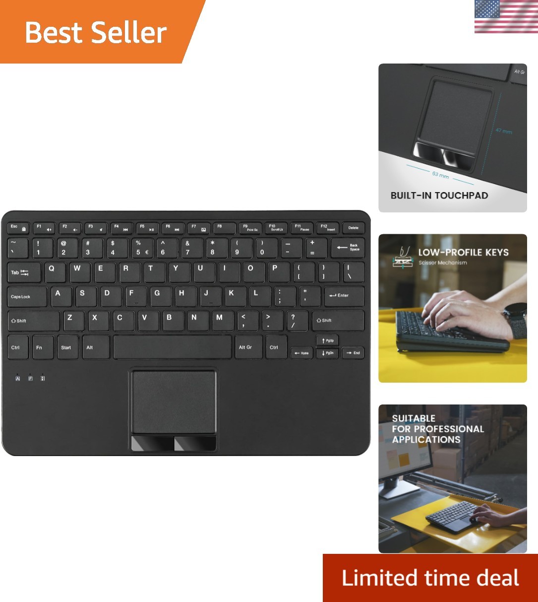 PERIBOARD-725 Wireless Keyboard with Touchpad - Multi-Device Connection with ...
