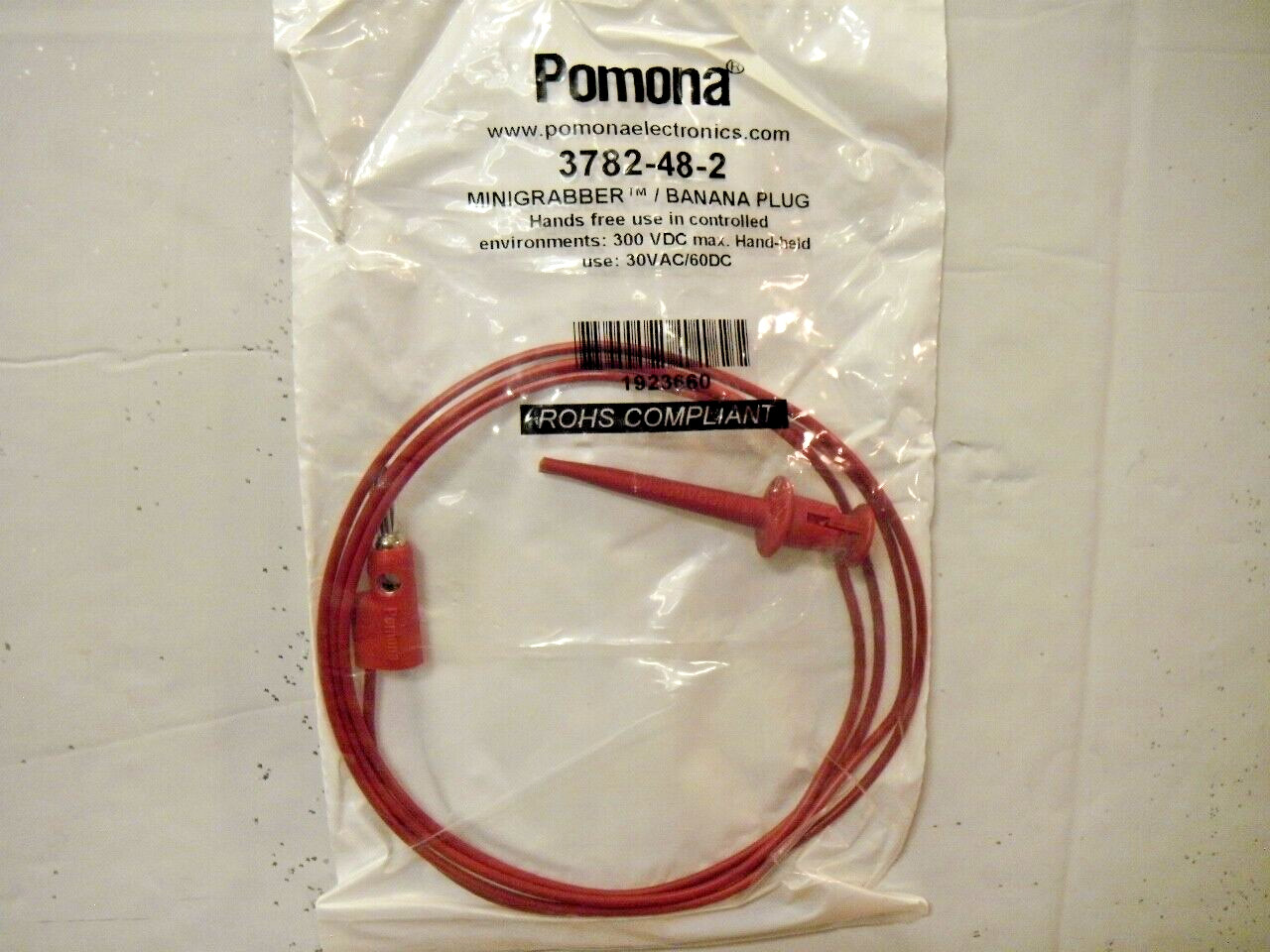 Pomona 3782-48-2 Banana Plug to Mini Grabber Red Test Lead Cable 48" Length