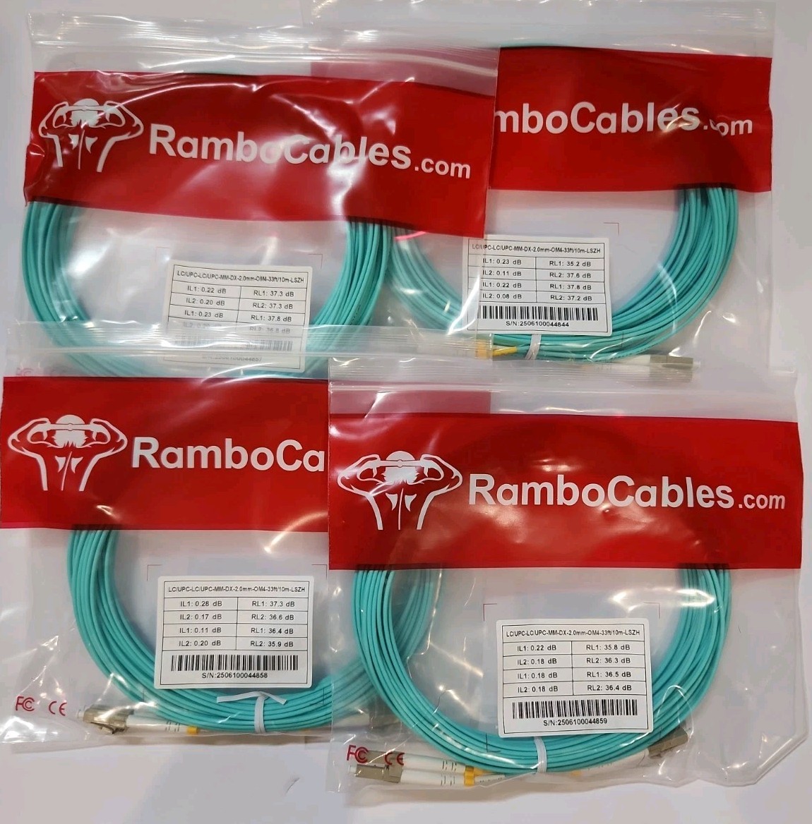 4-Pack 10 Meter/33ft OM4 LC to LC Duplex Multimode Fiber Patch Cable RamboCables