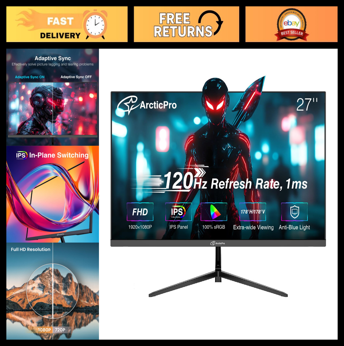 27" FHD 120Hz IPS Monitor, 1ms Response Time, 1080p Gaming Display, Ultra-Slim