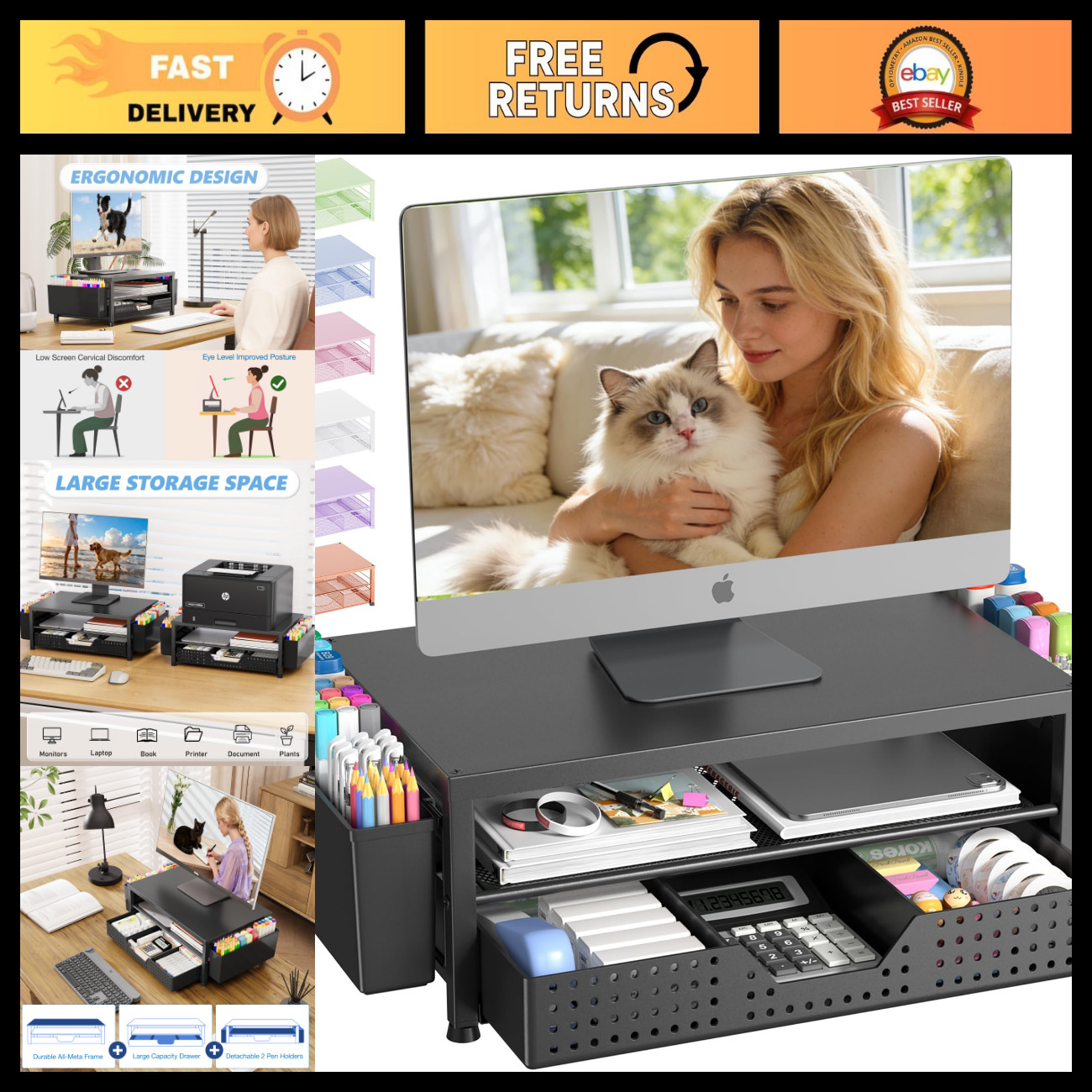 Desk Organizer with Monitor Stand Riser, Drawer & 2 Pen Holders - Office Supplie
