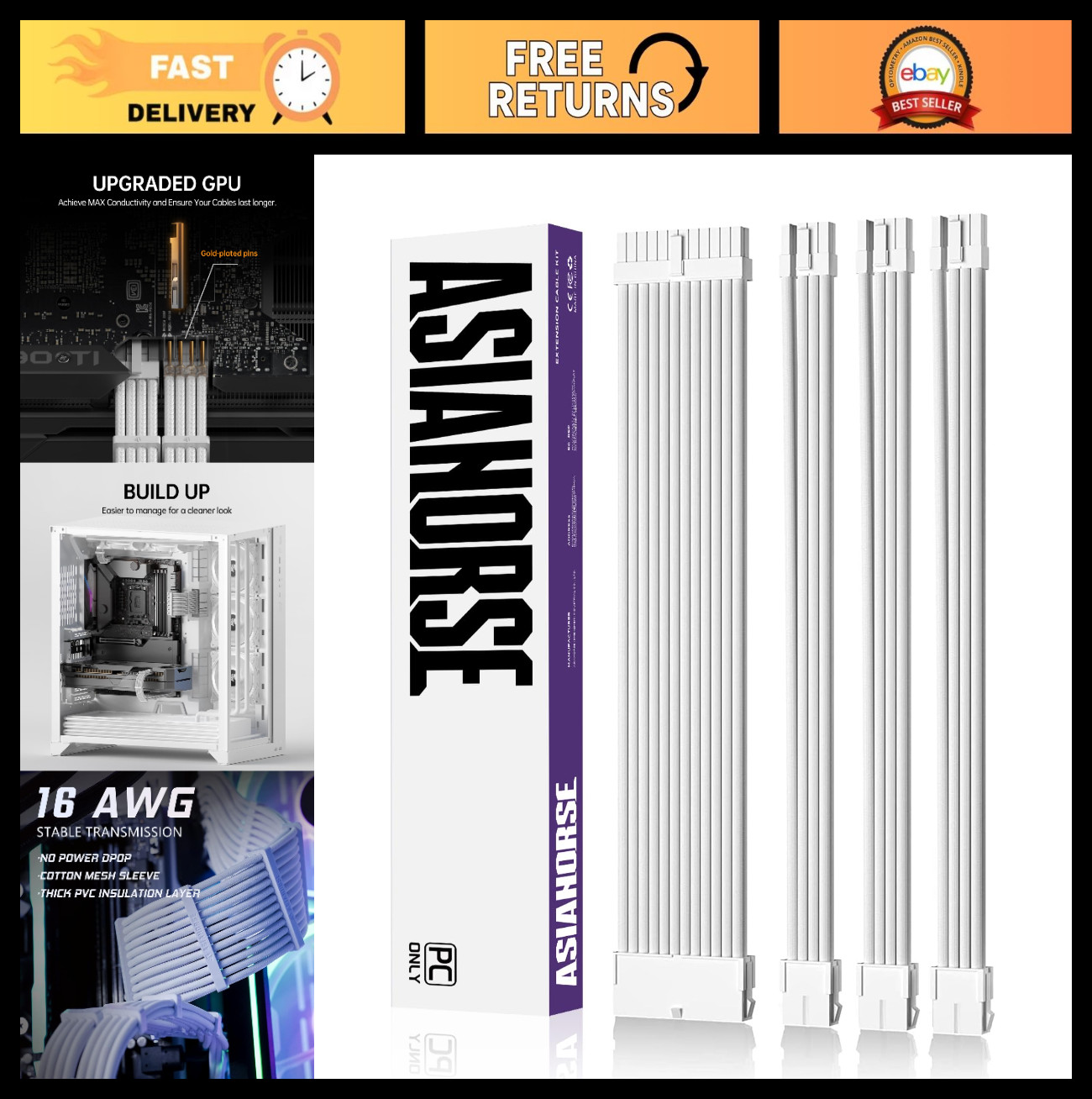 Custom Sleeved PSU Cable Extension 16AWG for GPU, PC, Audio Video Power Supply -