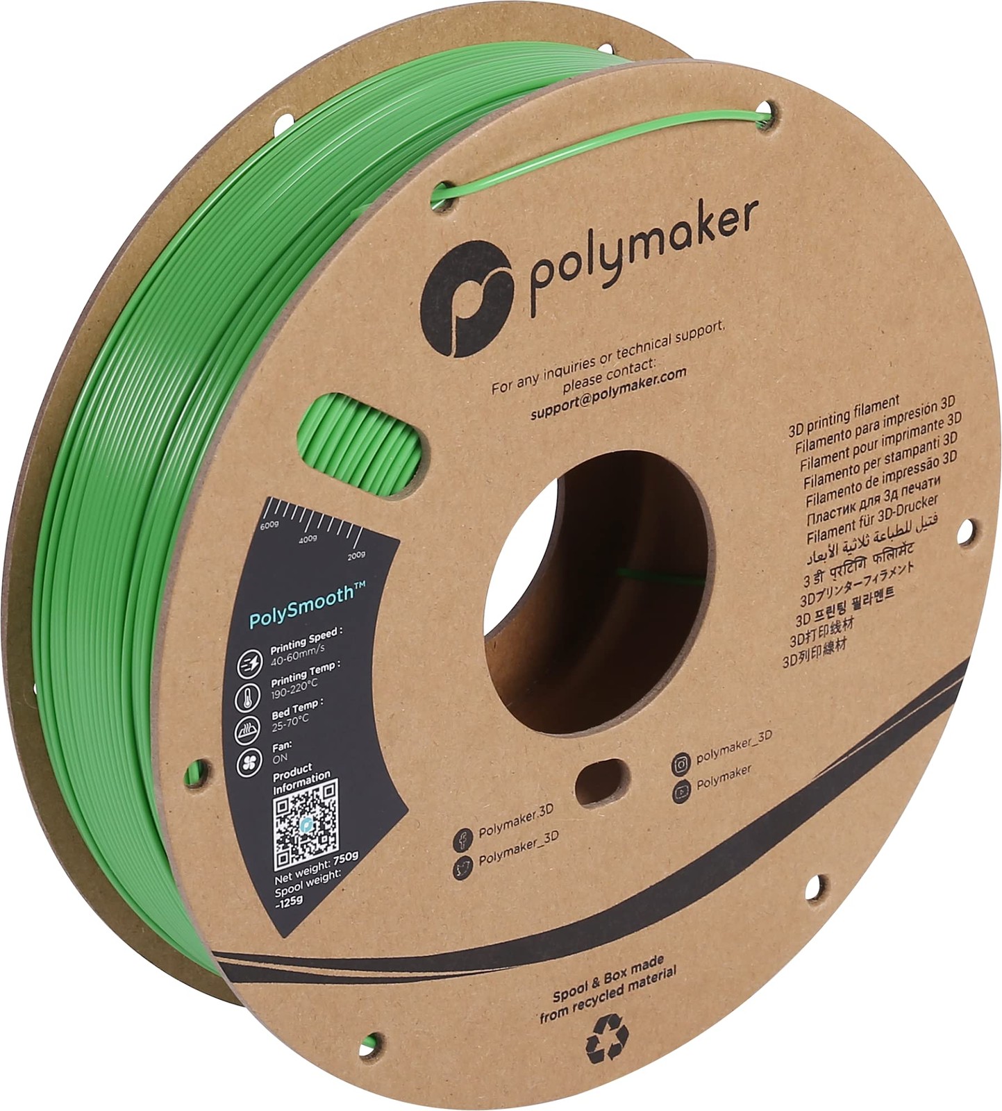 Green 1.75mm PolySmooth Thermoplastic Filament 0.75kg 3D Printing Smooth Finish