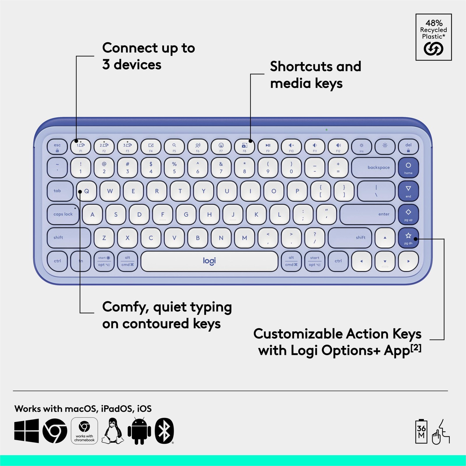 Logitech POP Icon Keys Wireless Bluetooth Keyboard, Lilac and Off-White,