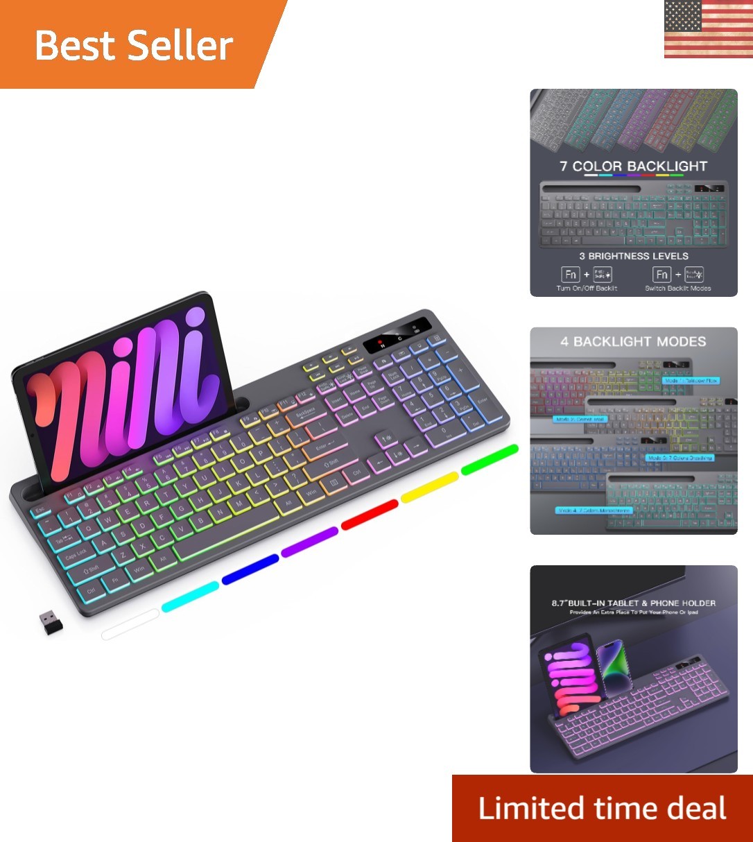 Elegant Backlit Wireless Keyboard with 7 Colors and Integrated Stand - Grey