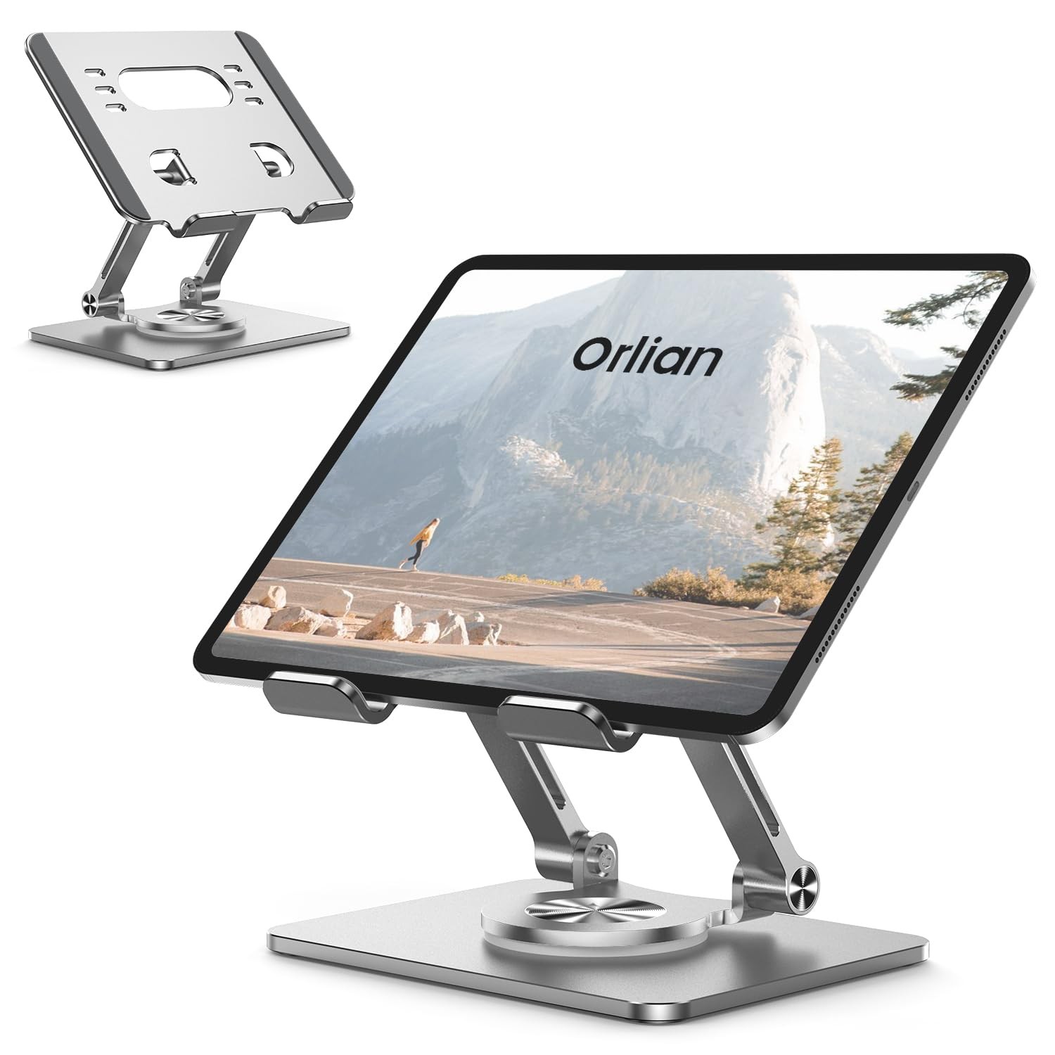 Orlian Tablet Stand Holder with Thickened 360°Rotating Base Dual Rod Silver