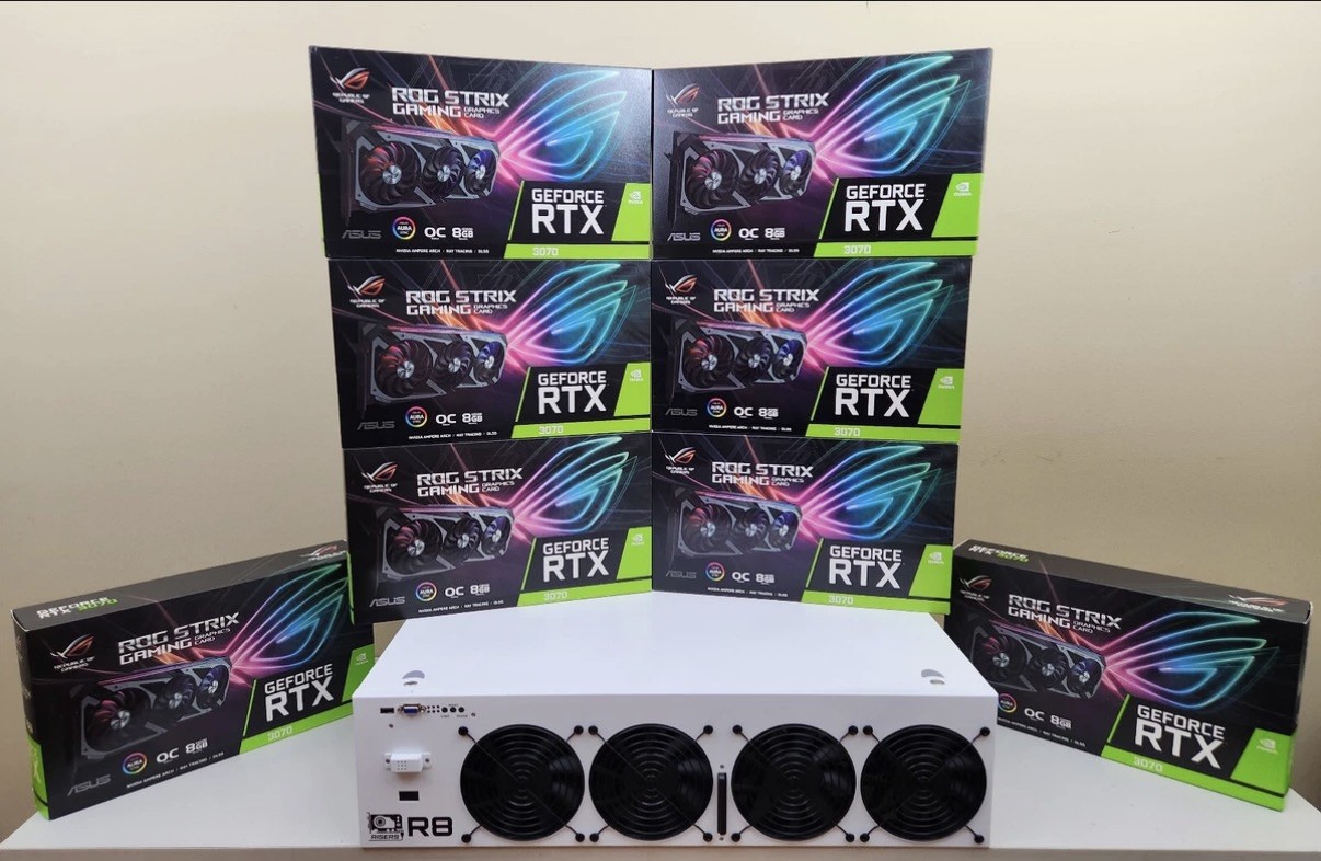 8 Lot ASUS ROG RTX3070 Non-LHR GPUs & GPURisers R8 Mining Rig (Octominer X8)