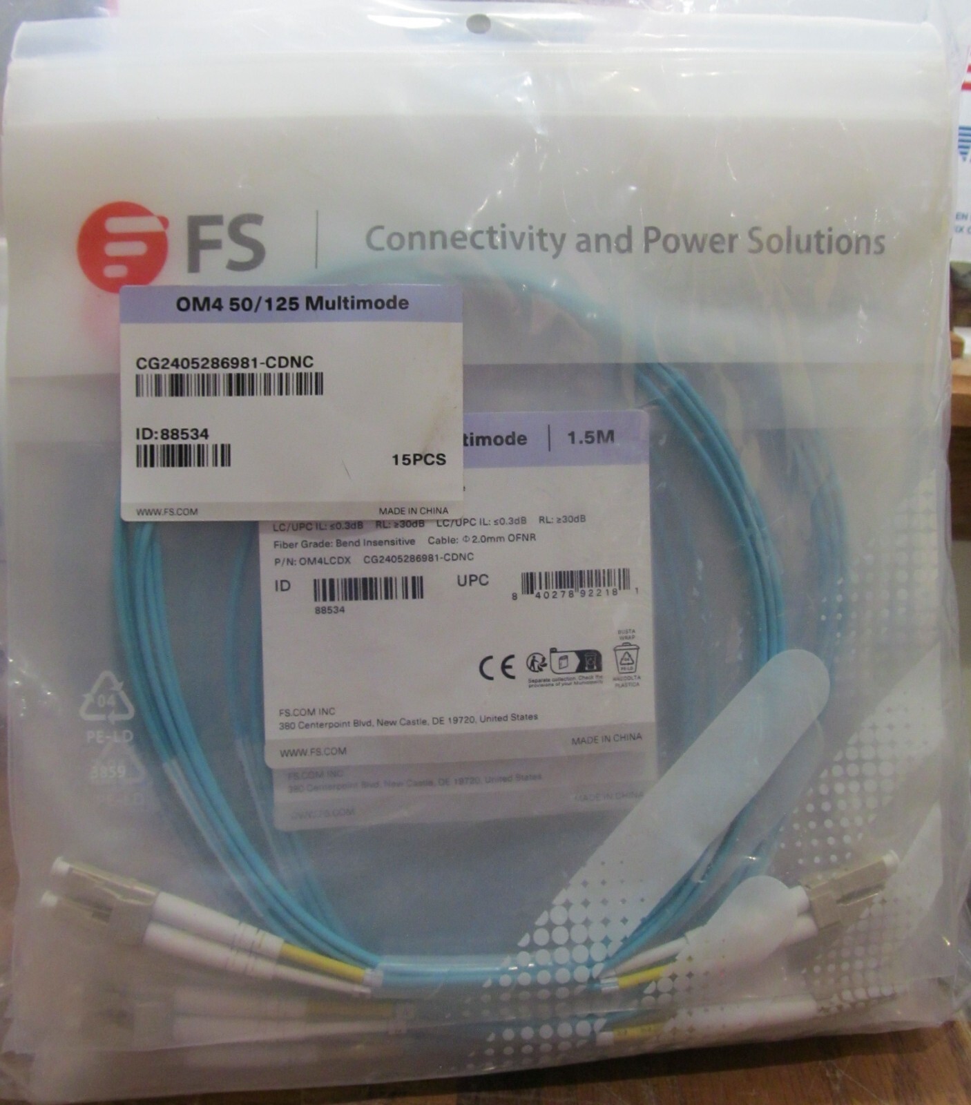 NEW 15 FS 1.5M OM4 50/125 Multimode Fiber Patch Cable LC-UPC - LC-UPC DUPLEX