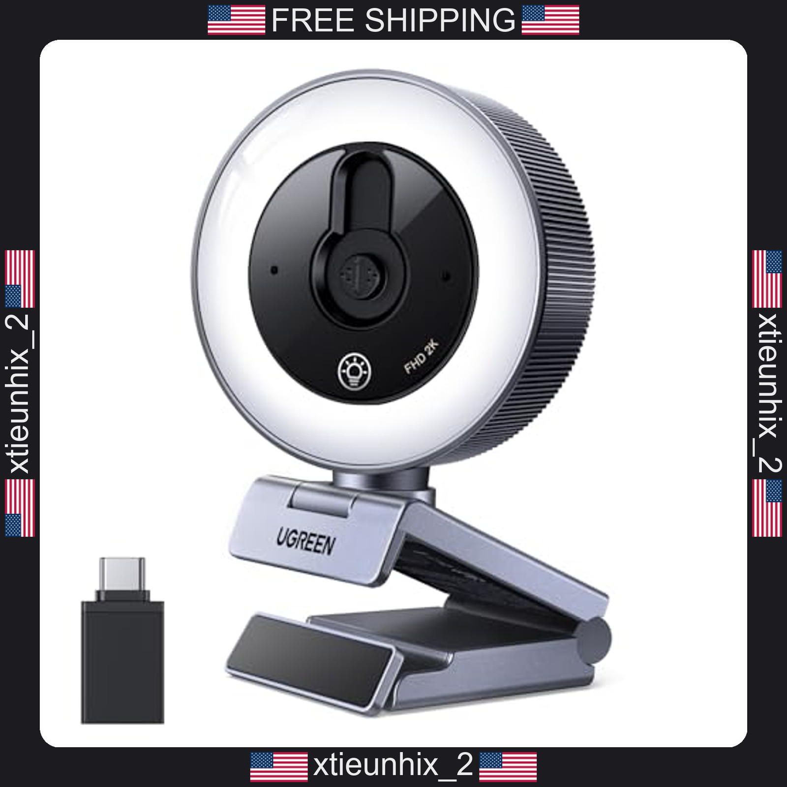 Ugreen 2K Webcam with 4-Level Ring Light for PC, HD 30FPS, Privacy Cover