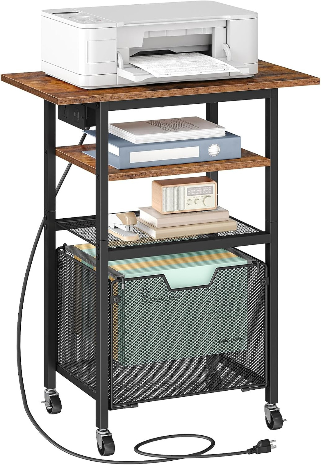 Printer Stand with Hanging File Drawer, Rolling Printer Cart on Wheels, Mobile