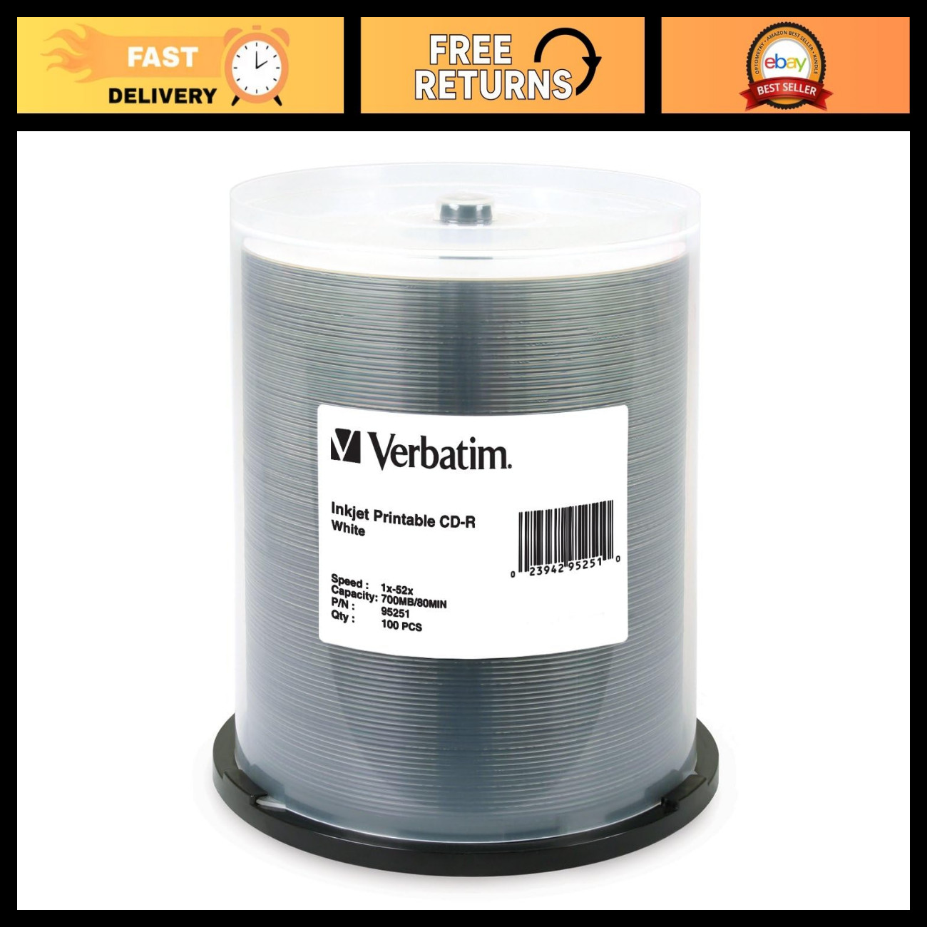 700MB CD-R Discs 52X Speed, White Inkjet Printable, 100 Pack - High-Quality Medi