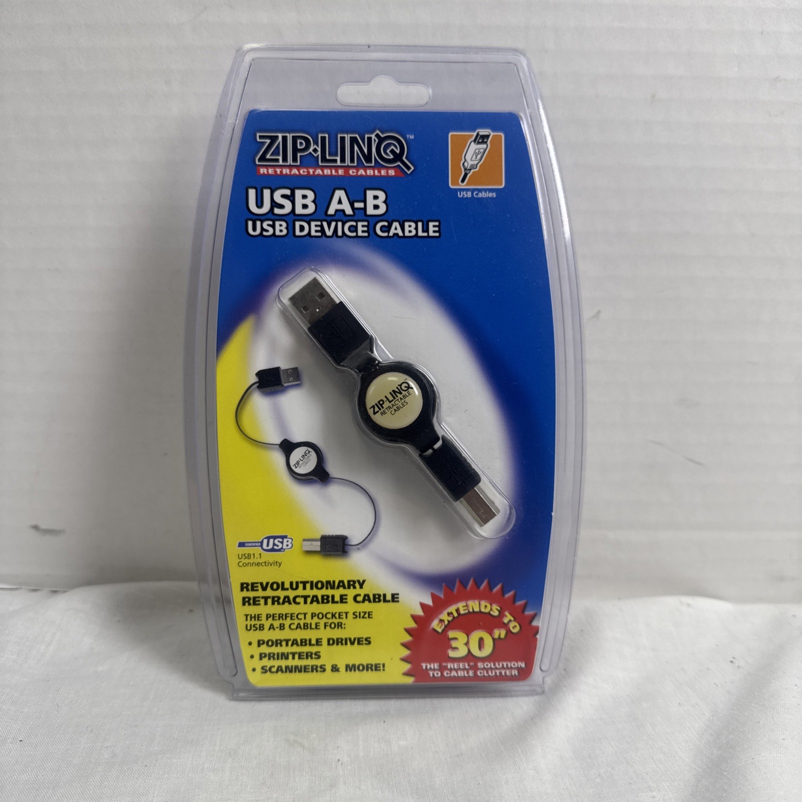Zip Linq Retractable USB A-B USB Device Cable Extends to 30" New and Sealed