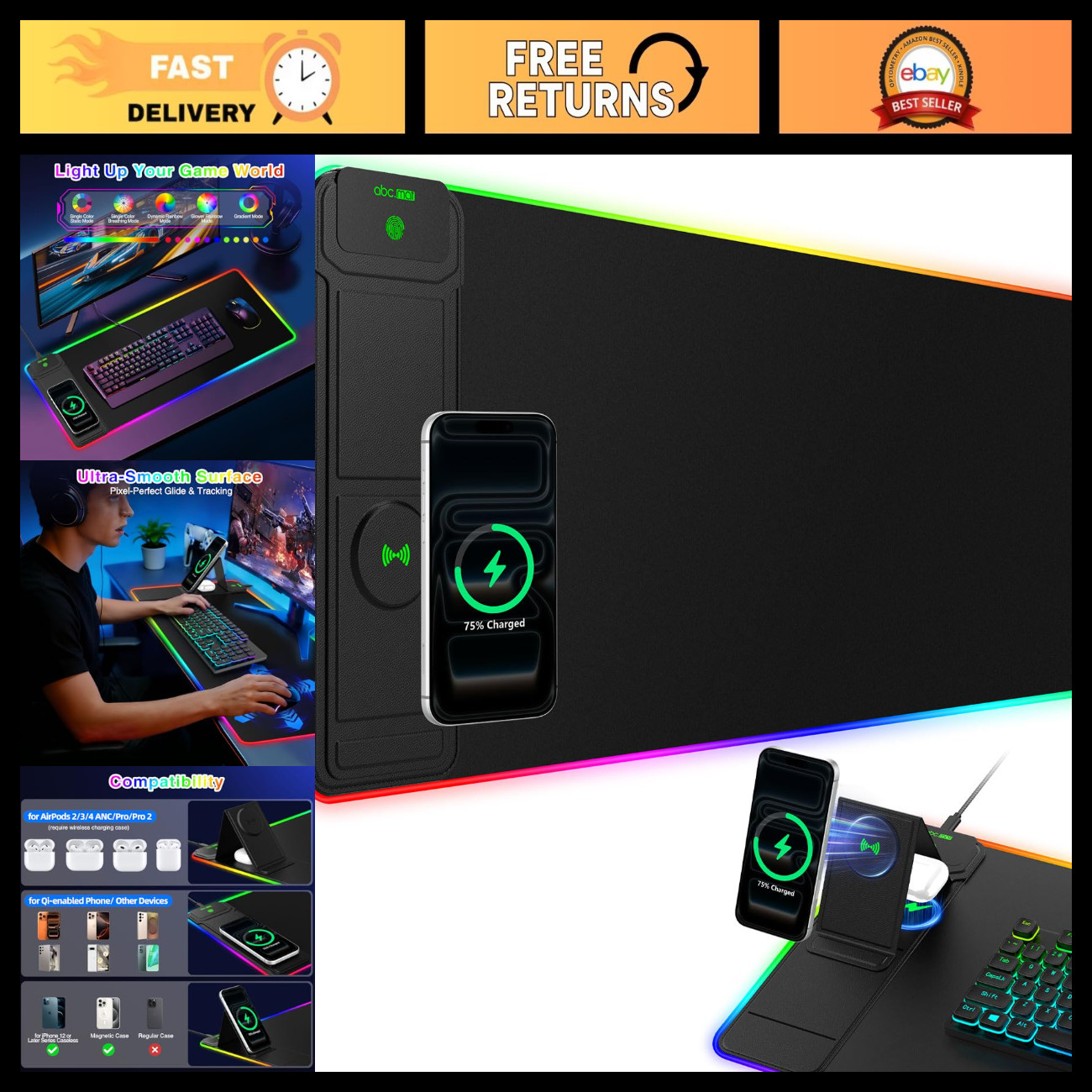 RGB Gaming Mouse Pad with Wireless Charging, Foldable Phone Stand, LED Lights