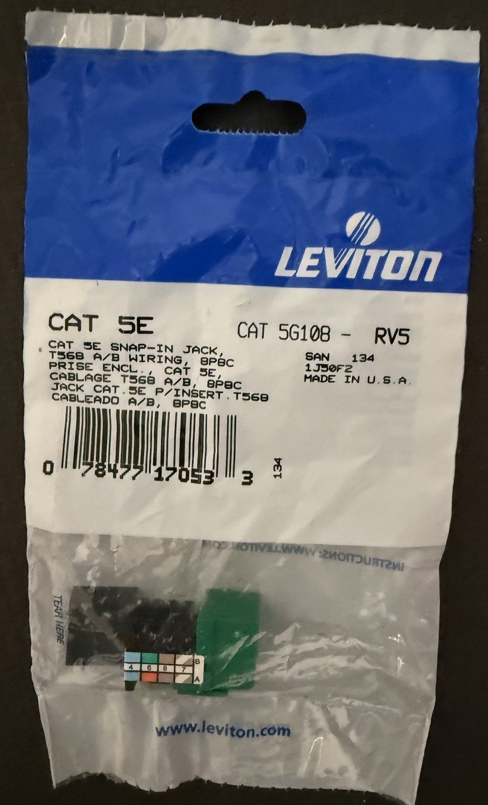 LEVITON 5G108-RV5 CAT 5E SNAP-IN JACK, GREEN  (Pack Of 10)