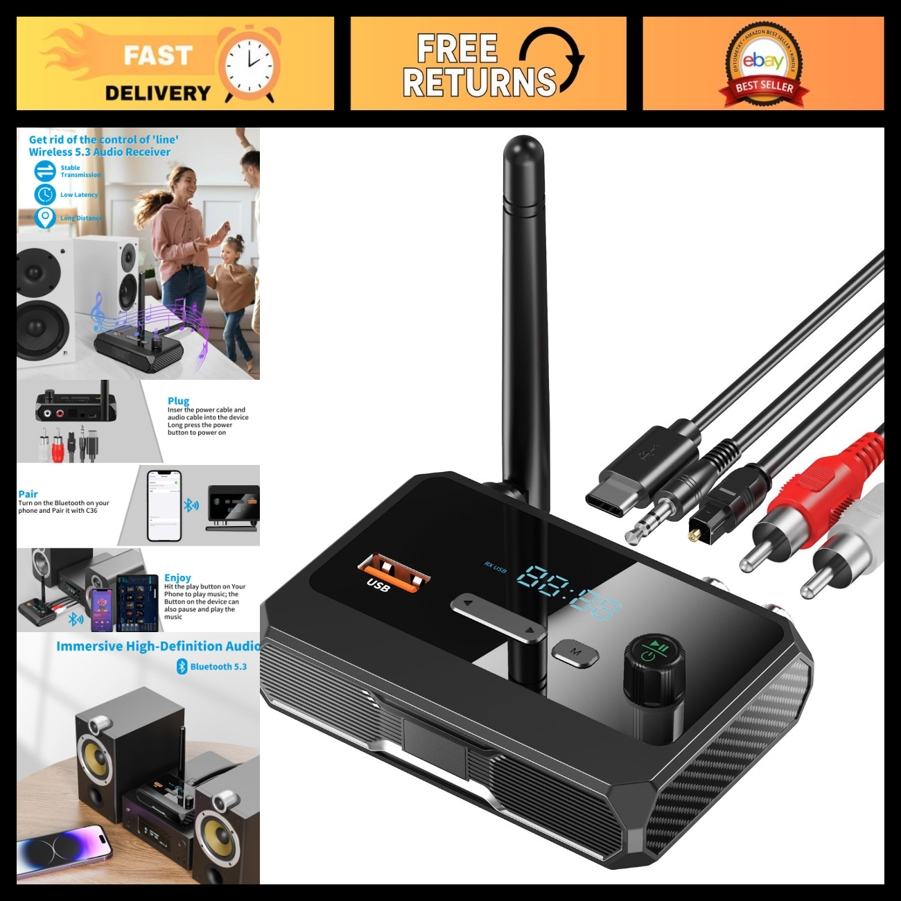 Bluetooth 5.3 Receiver for Home Stereo - Low Latency RCA Adapter, HD Audio, Opti
