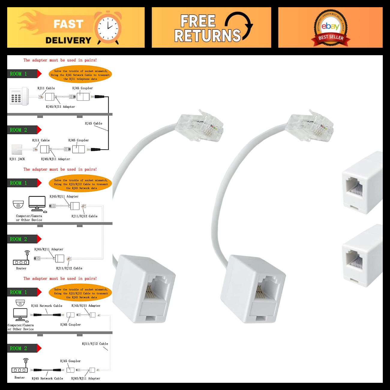 4-Pack Ethernet RJ45 to RJ11 Adapter & 2 In-Line Couplers - Telephone Connector