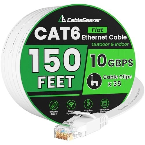 Ethernet Cable Cat6A 150FT White Flat LAN Cable RJ45 10Gbps