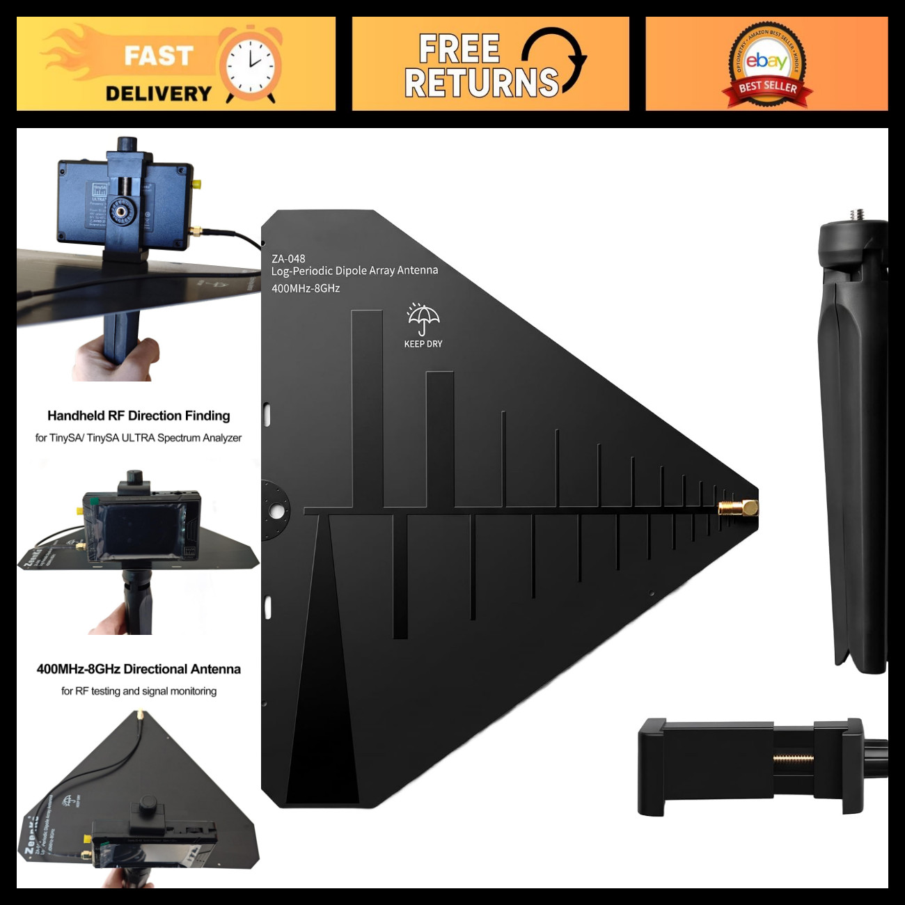 Wideband Log-Periodic Dipole Array Antenna 400MHz-8GHz, High Gain, Low Noise