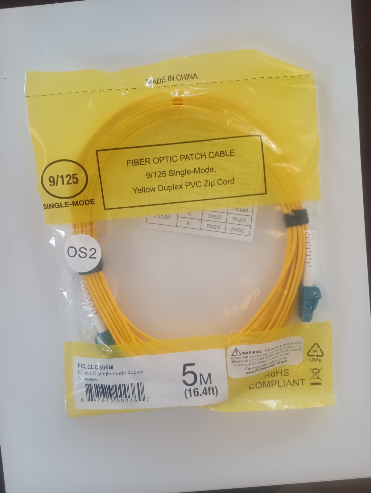 LC to LC single mode duplex Fiber Optic Patch Cable 5 meters FCLCLCS05M