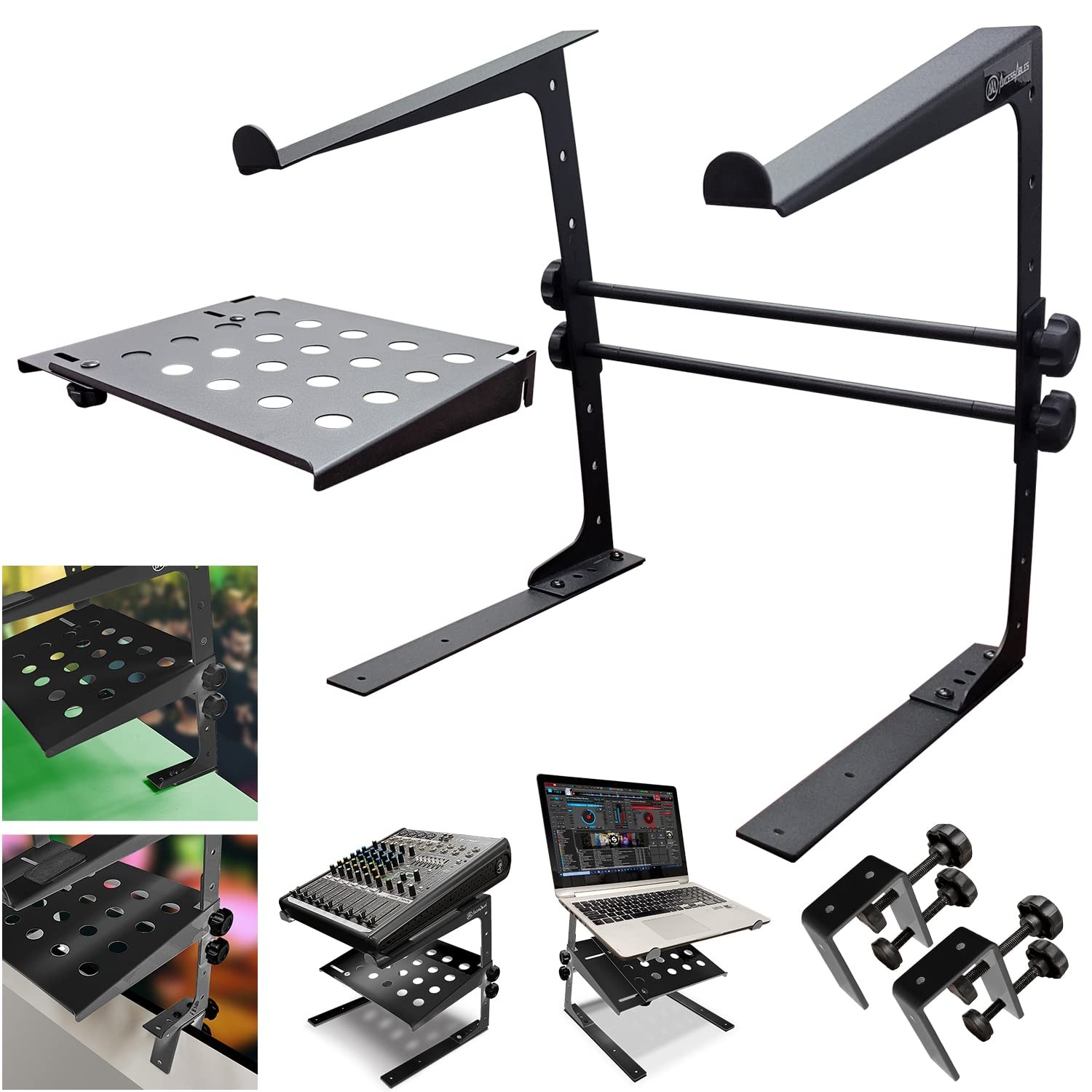 AxcessAbles Two-Tier Adjustable DJ Stand with Clamps | for DJ Controllers, Music