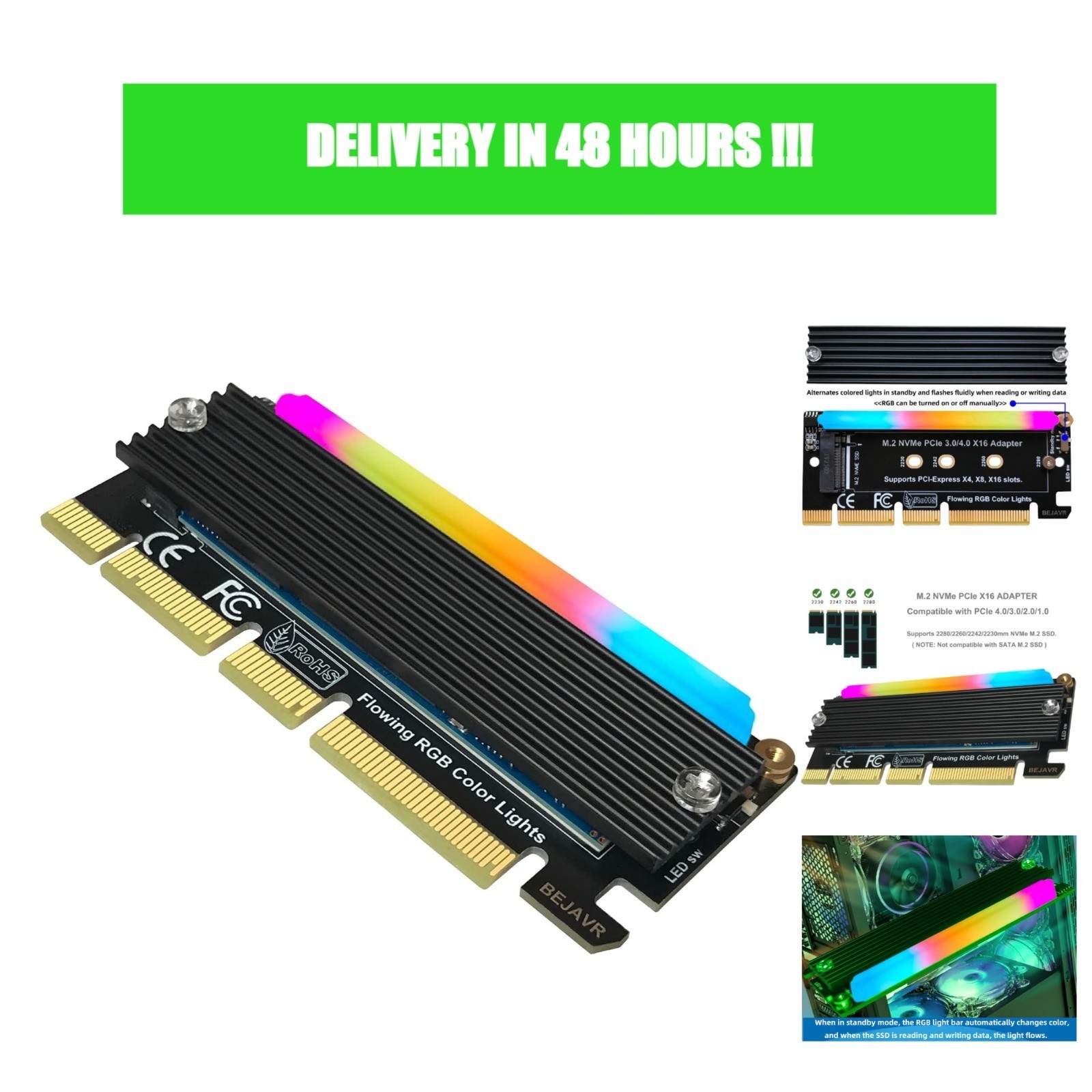 M.2 PCIe NVMe SSD Adapter X16 Card with RGB Light Bar and Aluminum Heatsink