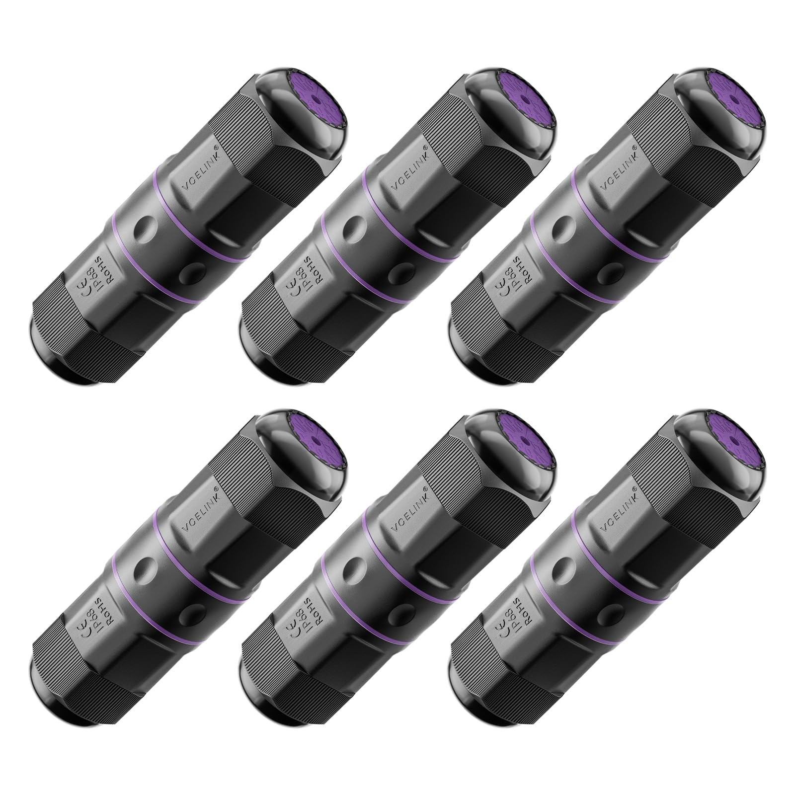 VCELINK CAT6 Waterproof RJ45 Coupler IP68 3.64" PoE Support, Purple, 6-Pack