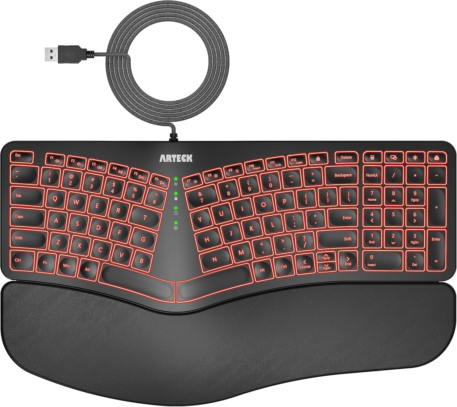 Arteck Split Ergonomic Keyboard with Palm Rest, USB Wired Backlit Keyboard