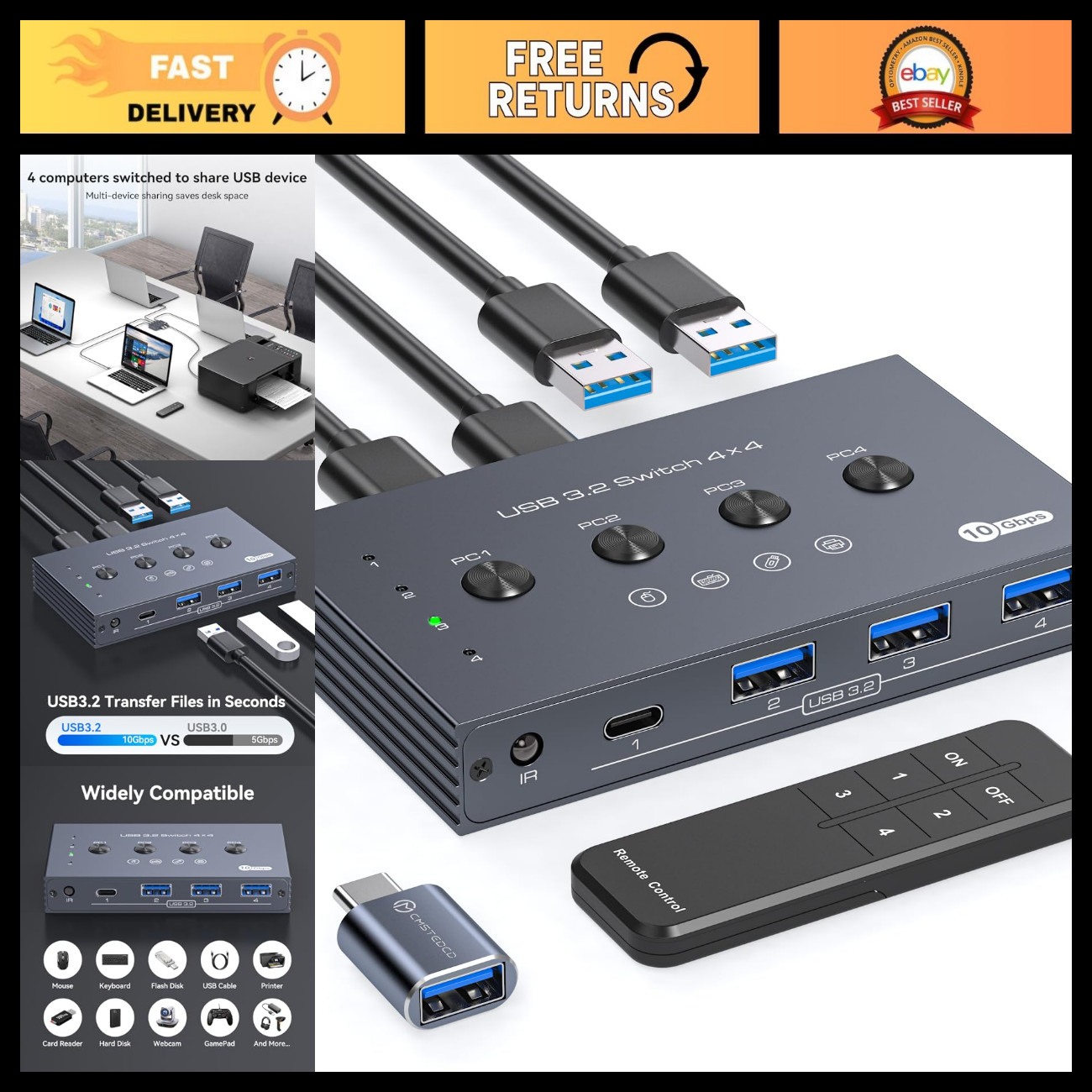 4-Port USB 3.2 Switch Selector for 4 Computers, Share 1 USB-C & 3 USB-A Devices,