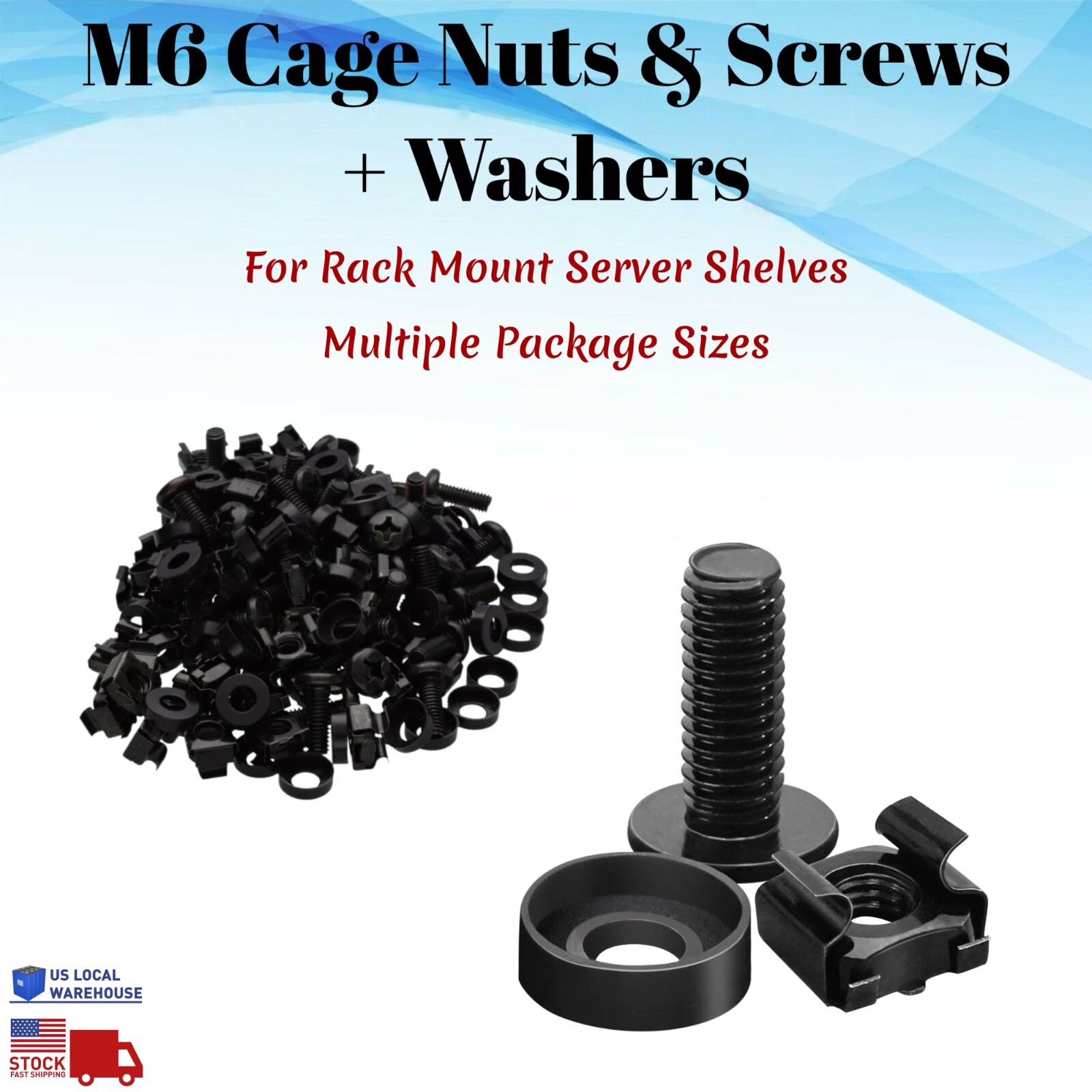 M6 Rack Mount Cage Nuts & Screws, Washers, Square Clips - Server Bag Pack Lot