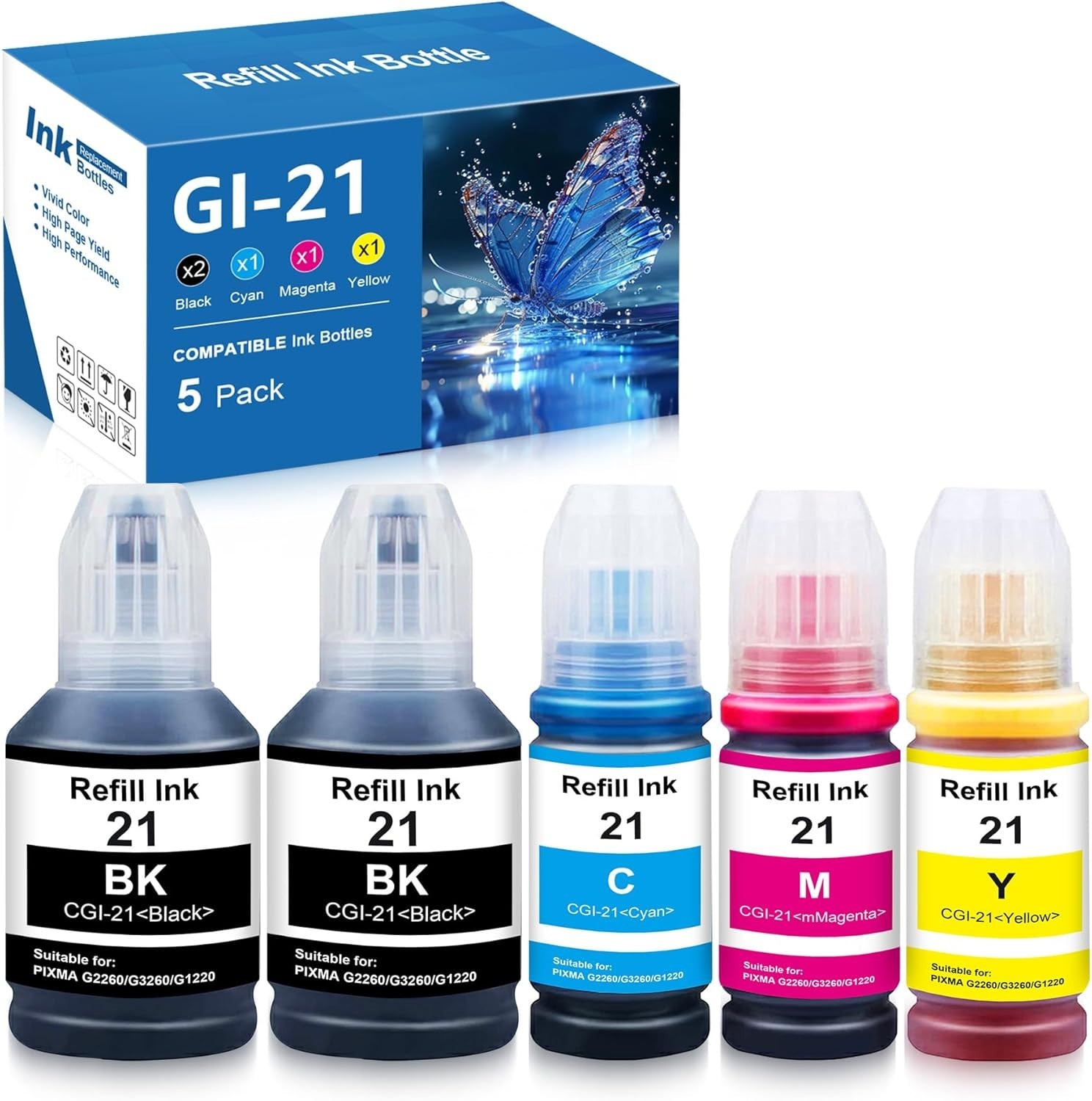 Refill Ink Bottle Set Compatible for Canon GI-21 Megatank G1220 G2260 G3260-5pk